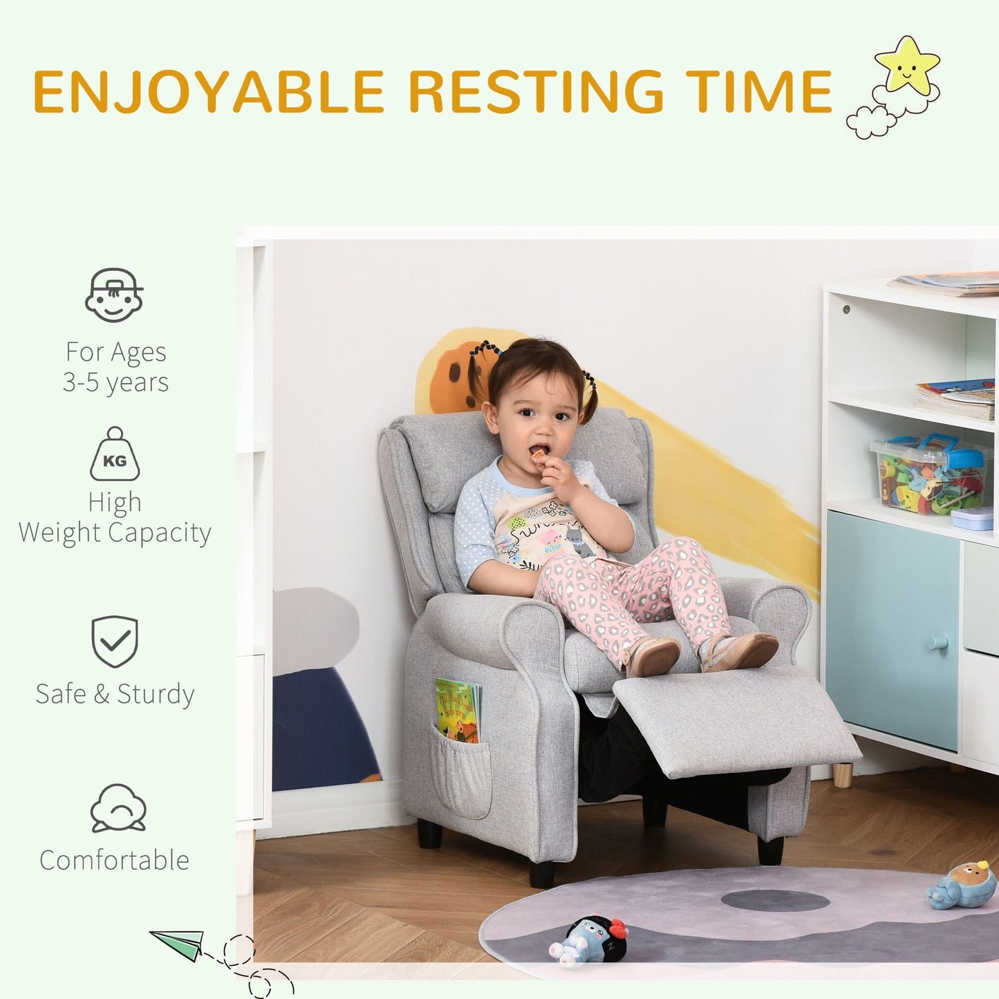 Light Grey Kids Children Upholstered Manual Recliner for 3-5 Years with Footrest and 2 Side Pockets