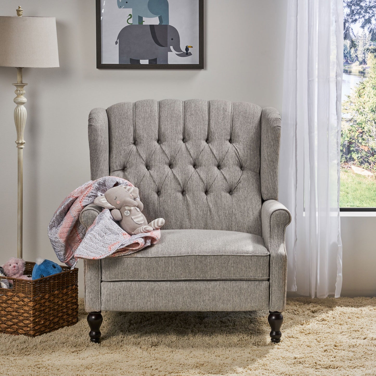 Light Grey Oversized Upholstered Wingback Push-Back Recliner with Footrest, Button-tufted Backrest, Nailhead Accents