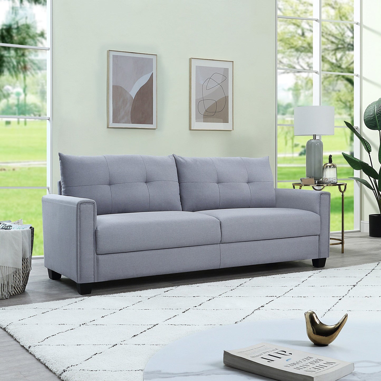 Linen Fabric Upholstered Sofa with Tufted Cushions - 30.71 x 81.10 x 32.28