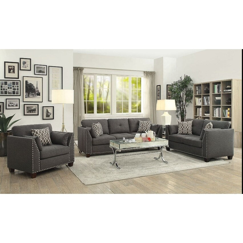 Linen Loveseat Sofa with Pillows and Nailheads