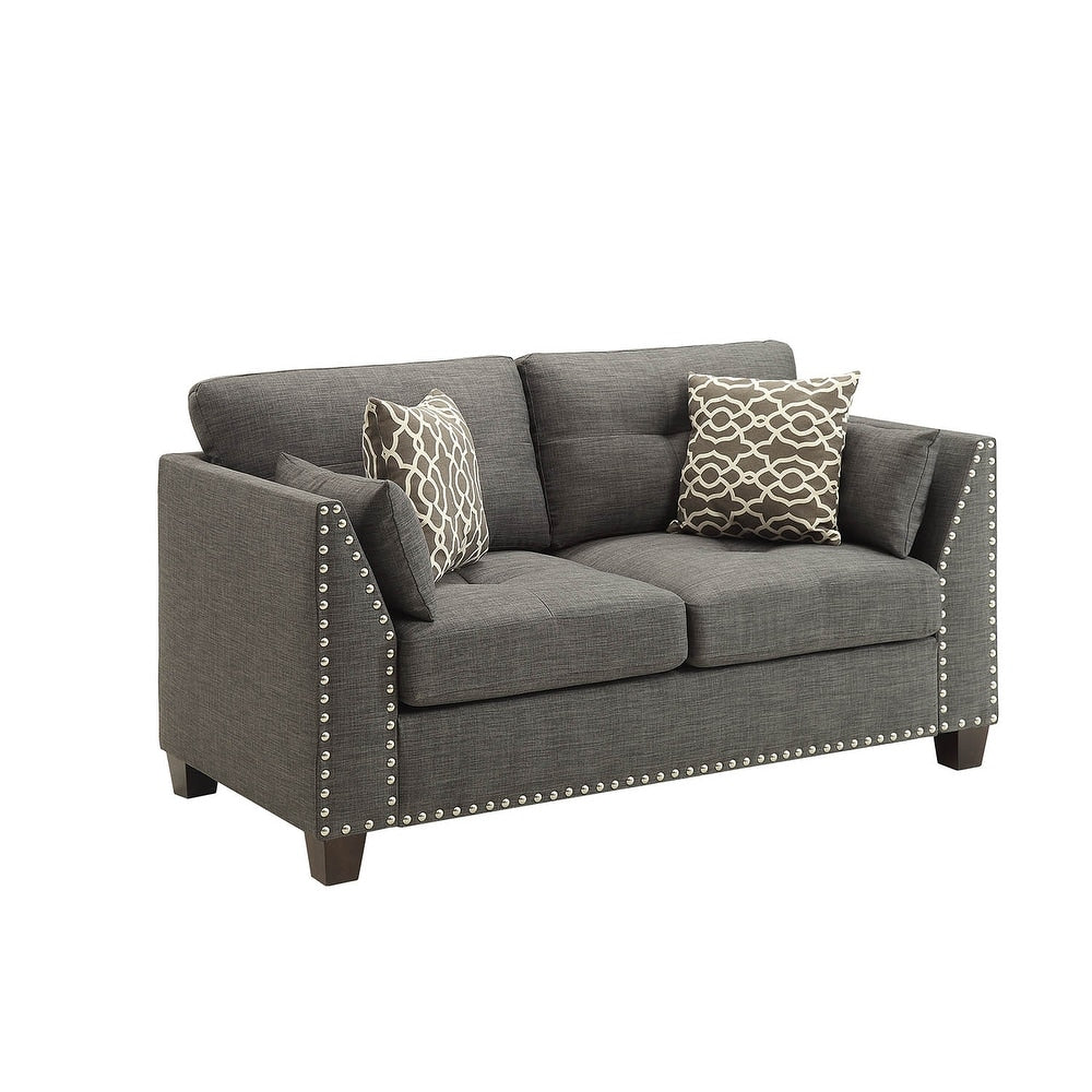 Linen Loveseat Sofa with Pillows and Nailheads