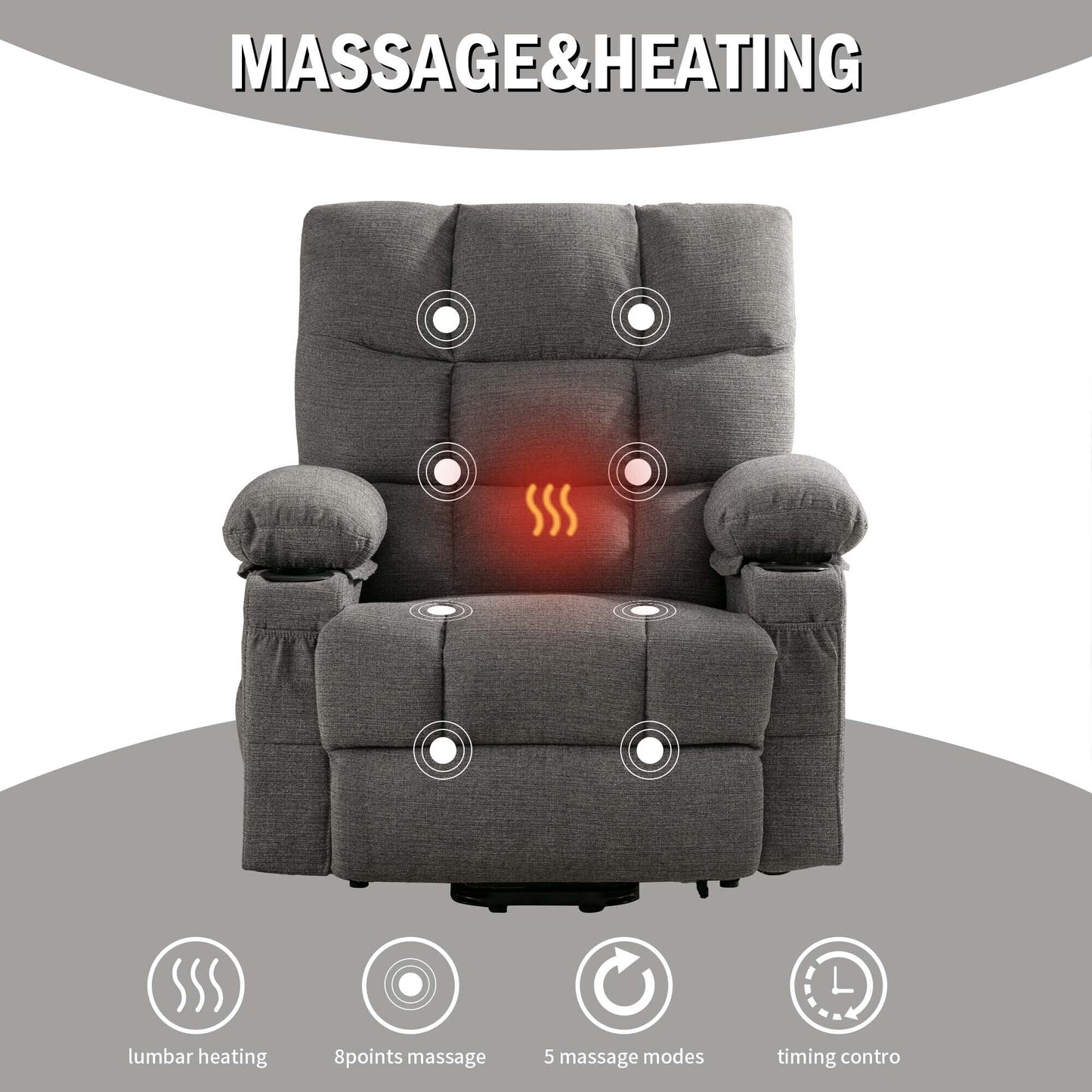 Linen Power Lift Recliner Chair with Massage and Heat, Side Pockets, USB Charge Ports