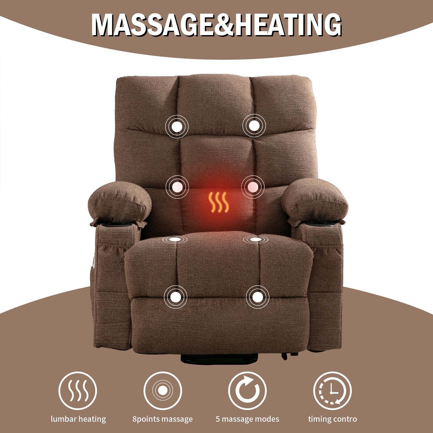 Linen Power Lift Recliner Chair with Massage and Heat, Side Pockets, USB Charge Ports
