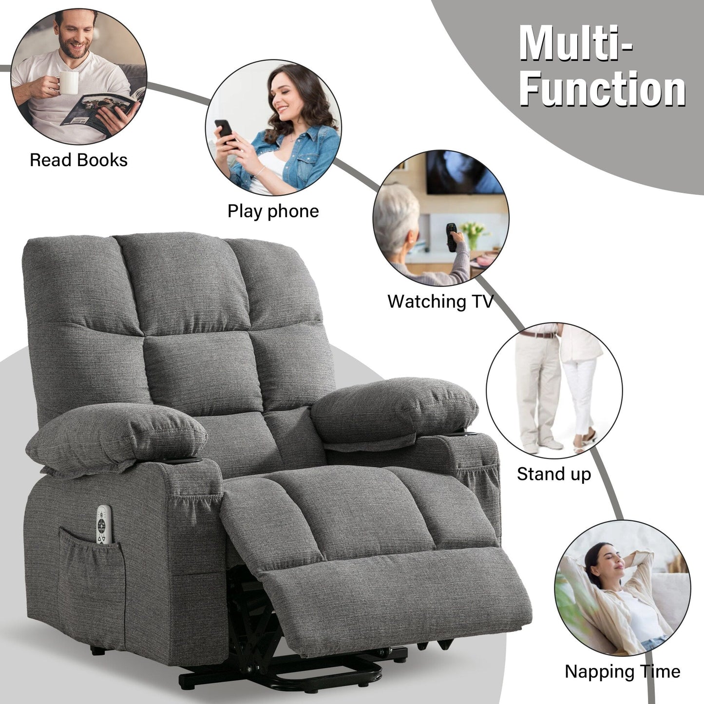 Linen Power Lift Recliner Chair with Massage and Heat, Side Pockets, USB Charge Ports