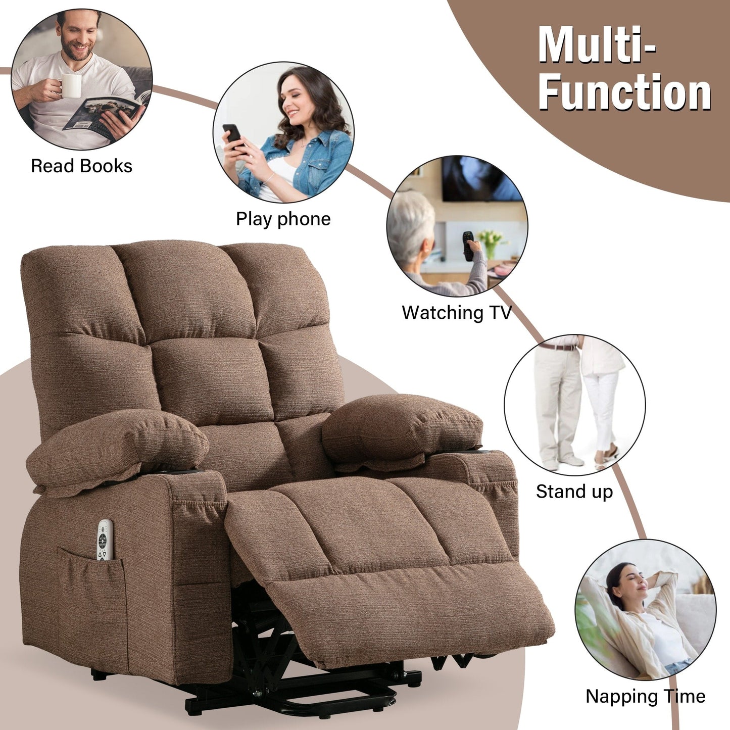 Linen Power Lift Recliner Chair with Massage and Heat, Side Pockets, USB Charge Ports