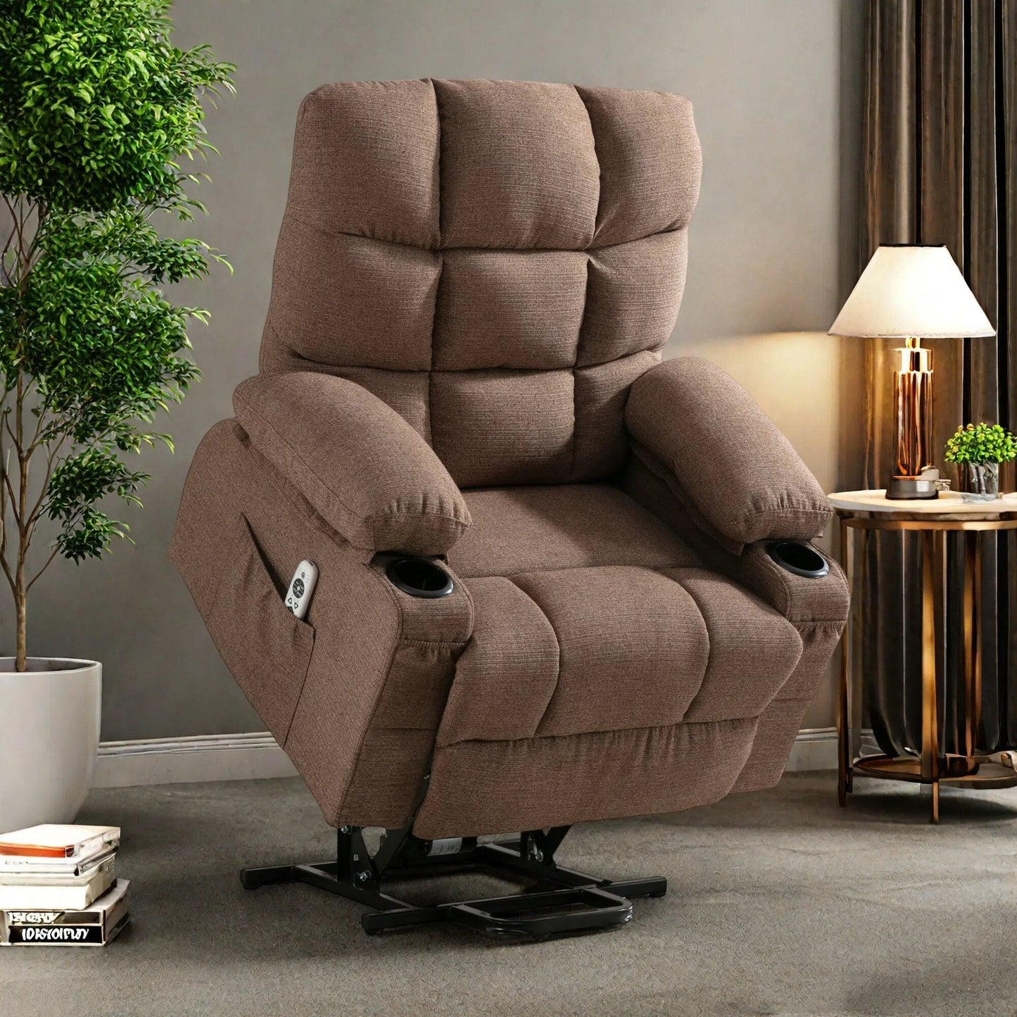 Linen Power Lift Recliner Chair with Massage and Heat, Side Pockets, USB Charge Ports