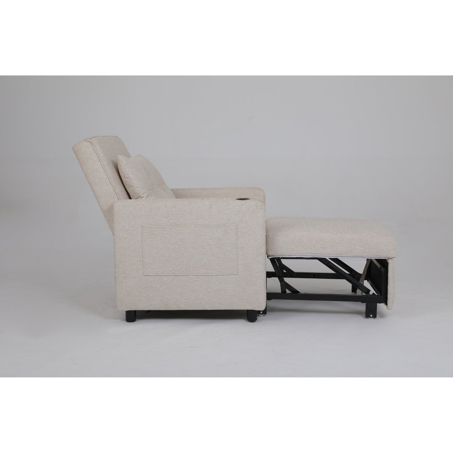 Linen Recliner Chair Pull Out Sleeper Bed Folding Lounge Chair Convertible Armchair with USB, Cup Holder and Side Pockets