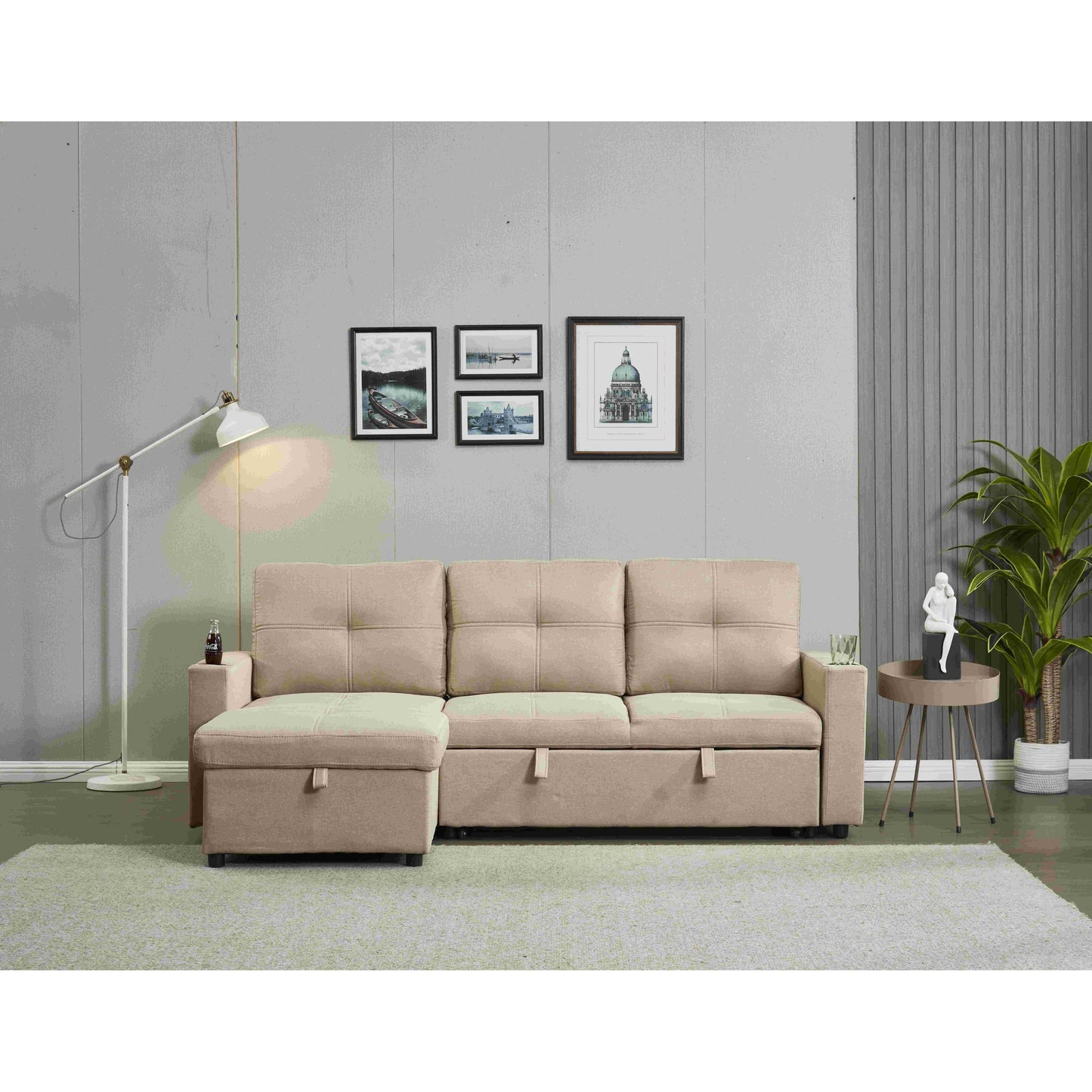 Linen Sectional Sofa Reversible Chaise with Pull out Sleeper