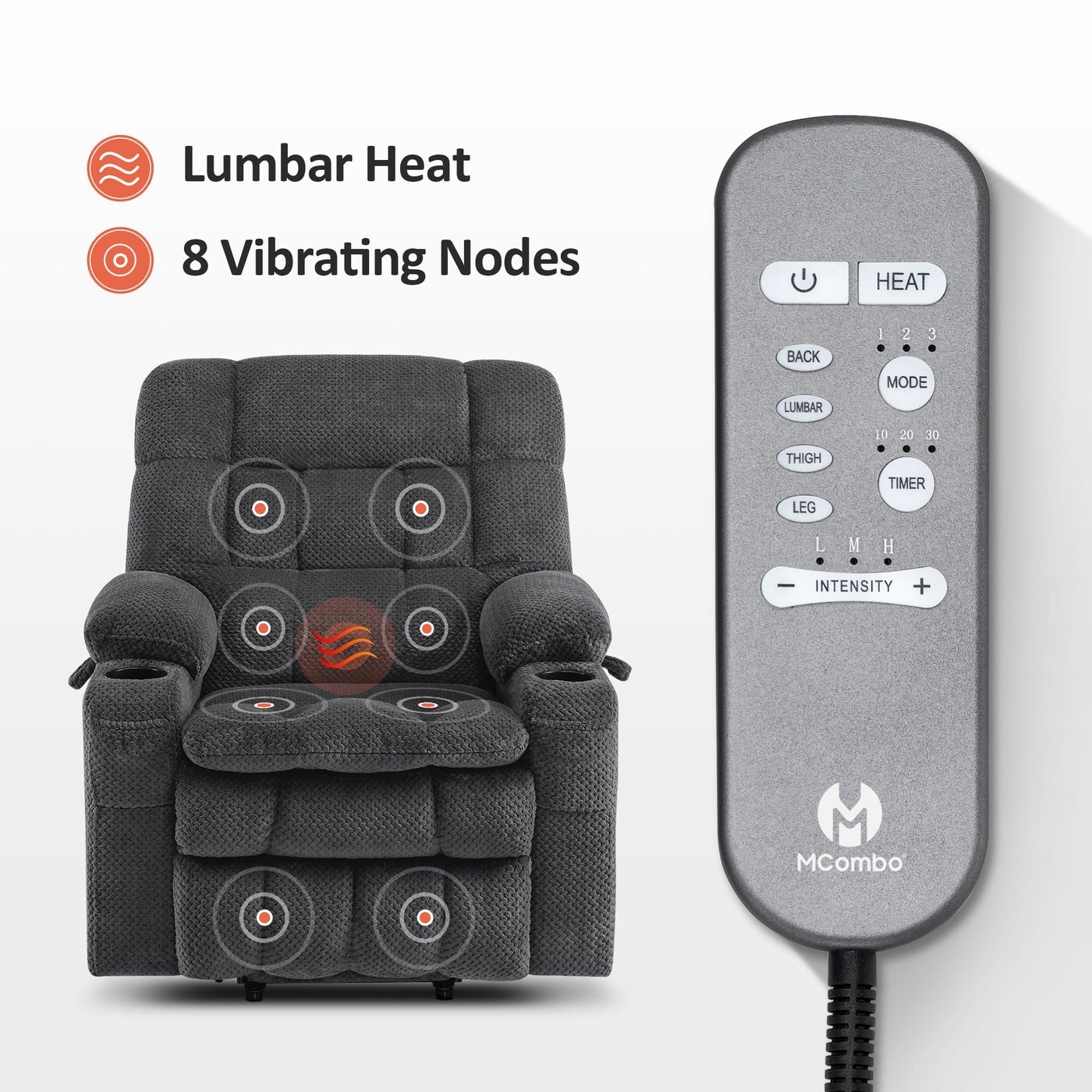 MCombo Small Dual Motor Power Lift Recliner Chair Sofa with Massage and Heat, Infinite Position, USB Ports, Fabric 7893