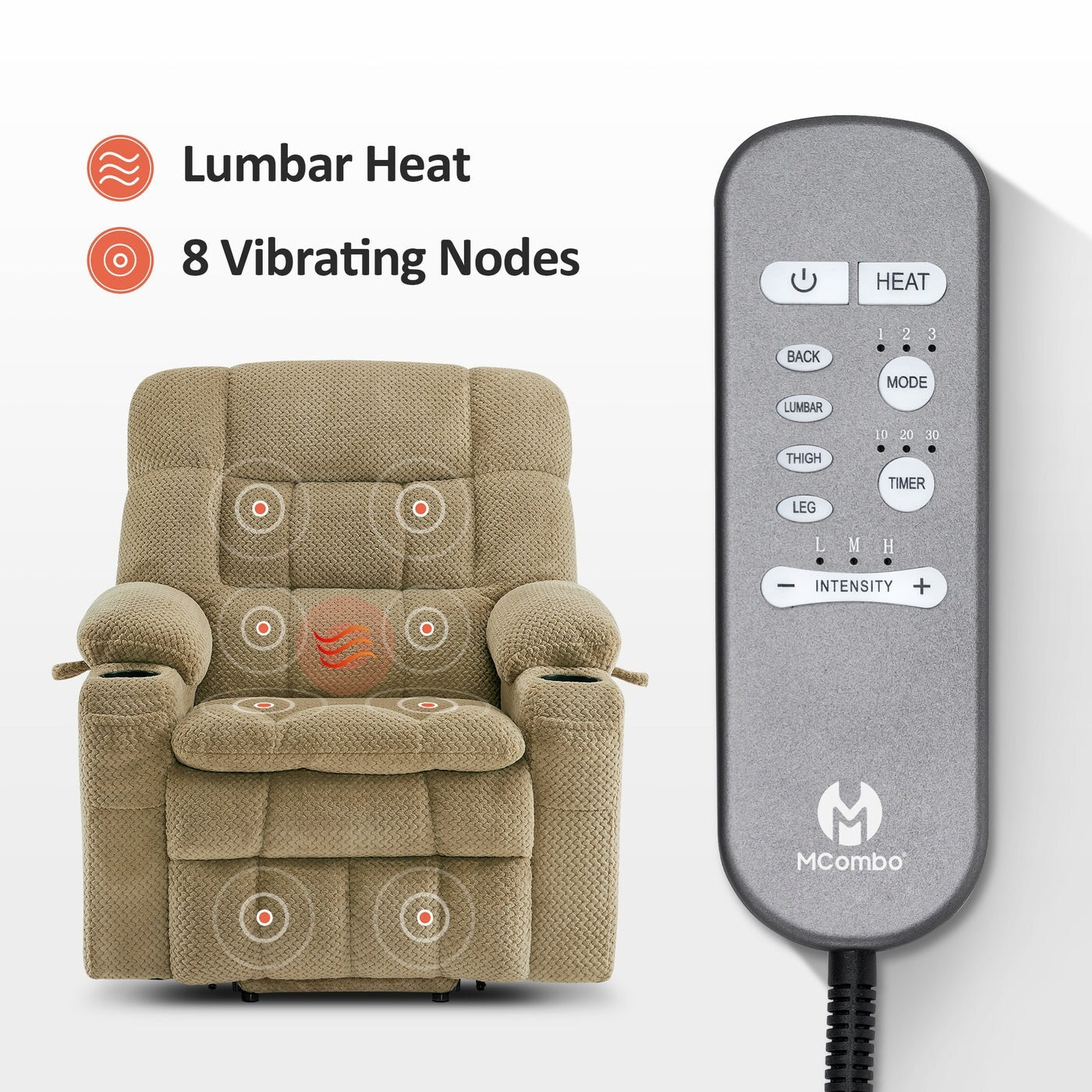 MCombo Small Dual Motor Power Lift Recliner Chair Sofa with Massage and Heat, Infinite Position, USB Ports, Fabric 7893