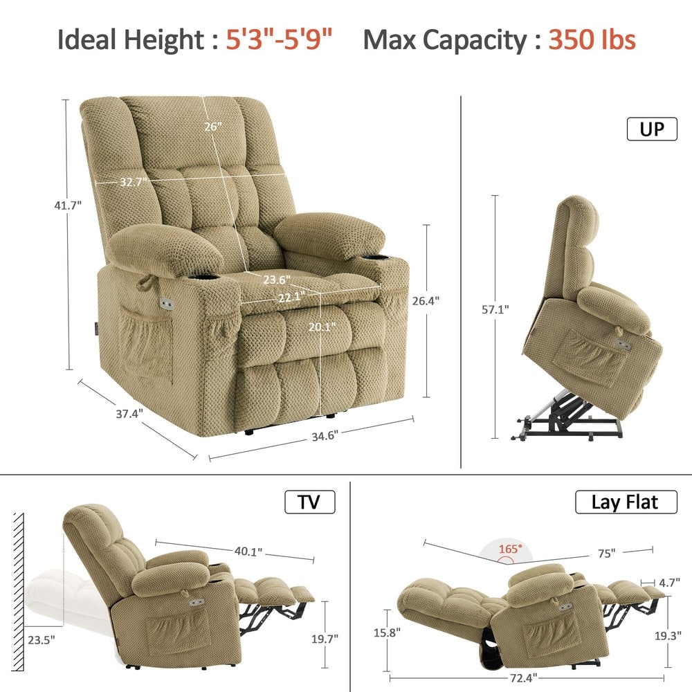 MCombo Small Dual Motor Power Lift Recliner Chair Sofa with Massage and Heat, Infinite Position, USB Ports, Fabric 7893