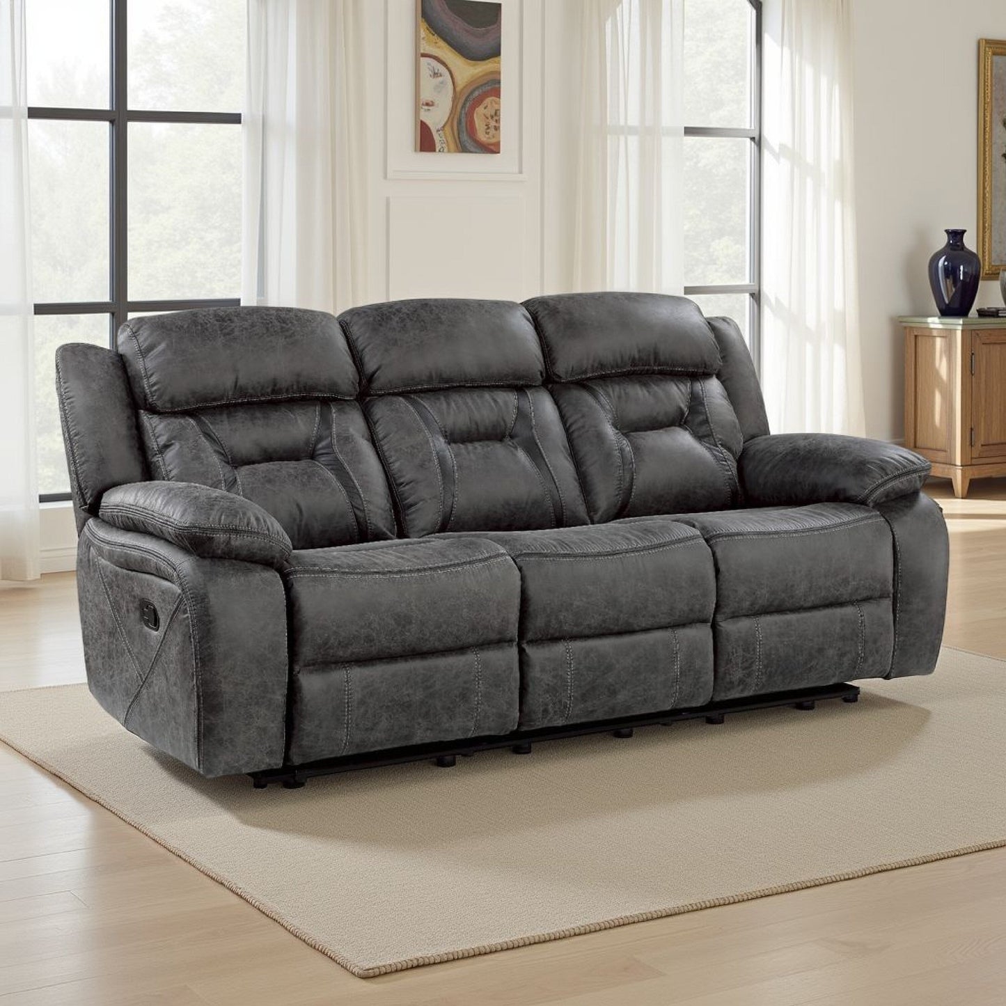 Mady Manual Reclining Sofa, Pillow Tufted, Dark Gray Polyester 85 Inch