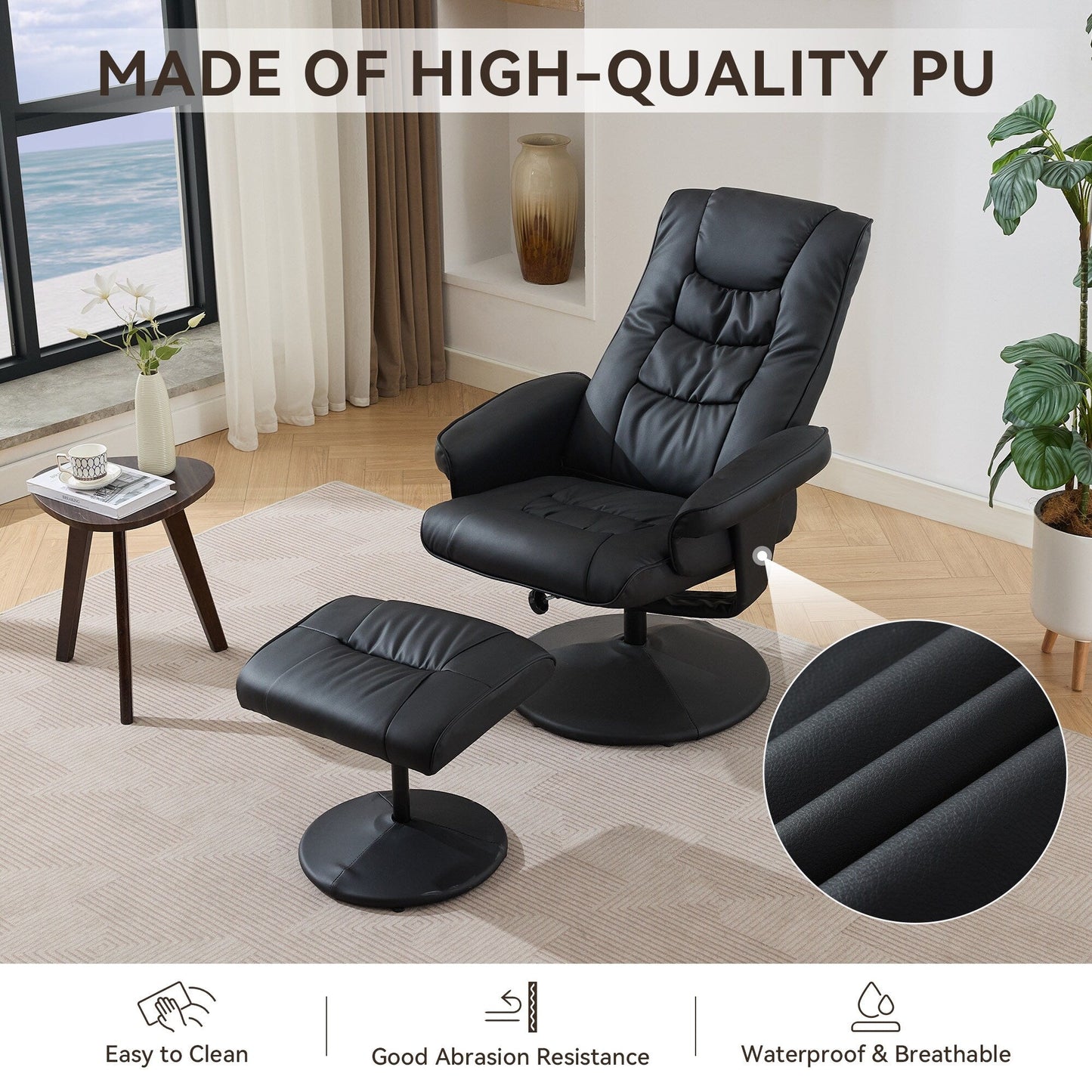 Massage Heated Lounge Chair 360° Swivel Recliner Chair Adjustable PU Leather Seat with Ottoman and 5 Point Vibration