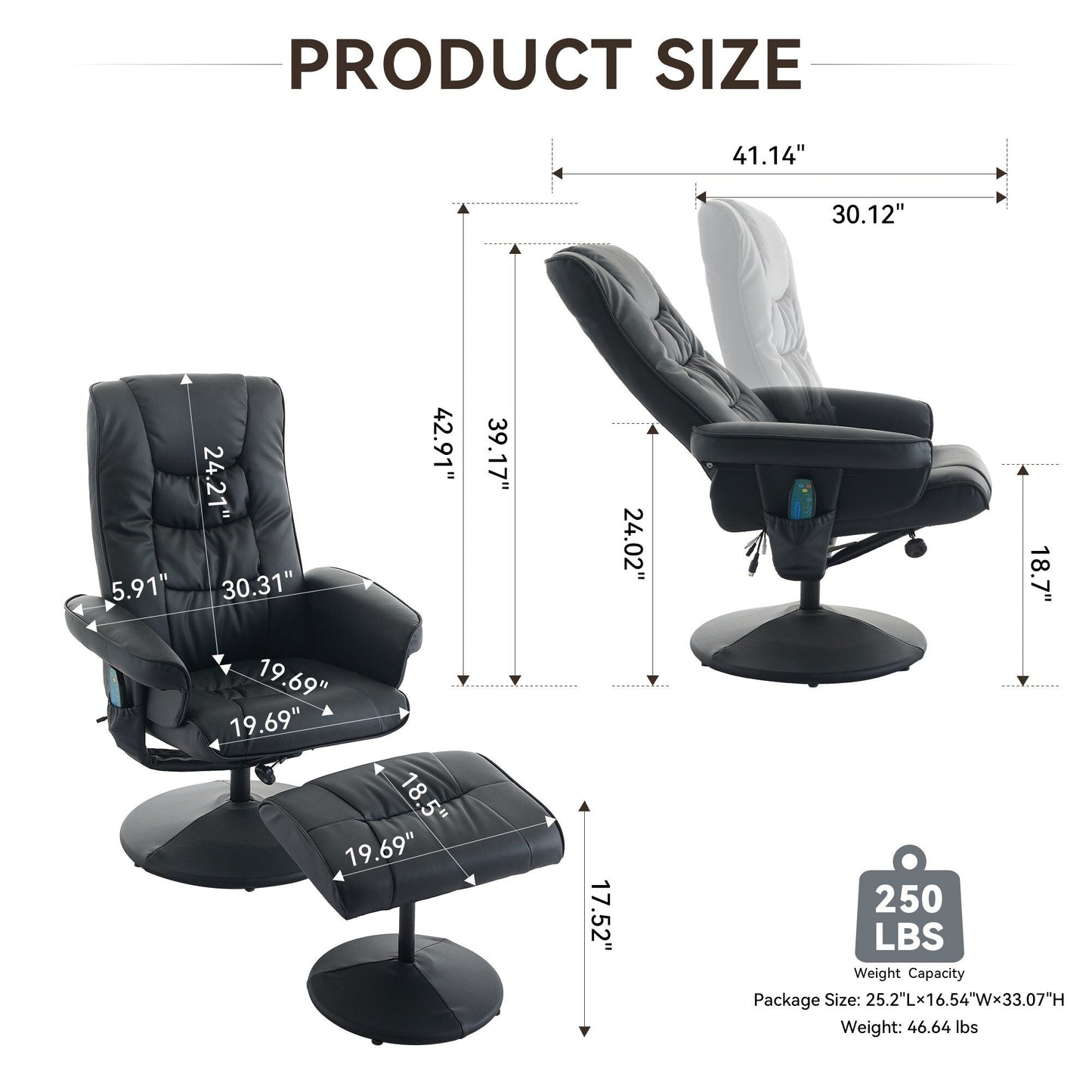 Massage Heated Lounge Chair 360° Swivel Recliner Chair Adjustable PU Leather Seat with Ottoman and 5 Point Vibration