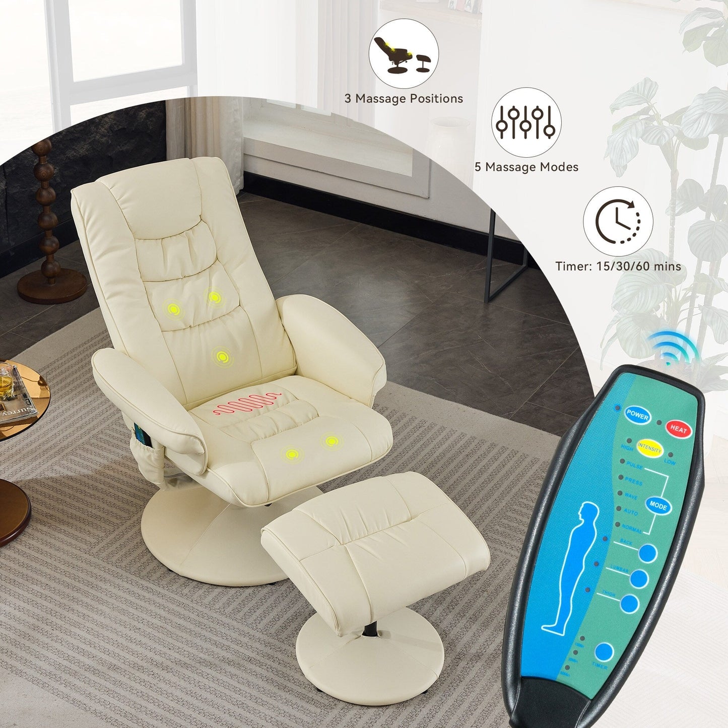 Massage Heated Lounge Chair 360° Swivel Recliner Chair Adjustable PU Leather Seat with Ottoman and 5 Point Vibration