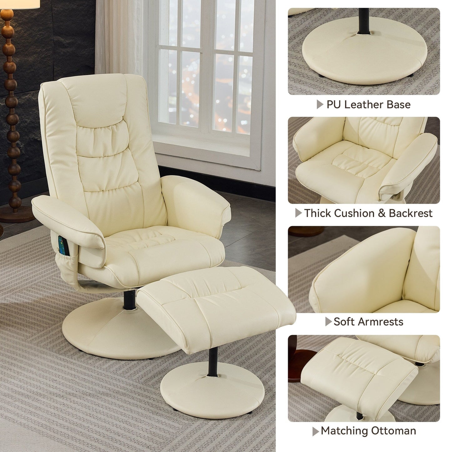 Massage Heated Lounge Chair 360° Swivel Recliner Chair Adjustable PU Leather Seat with Ottoman and 5 Point Vibration
