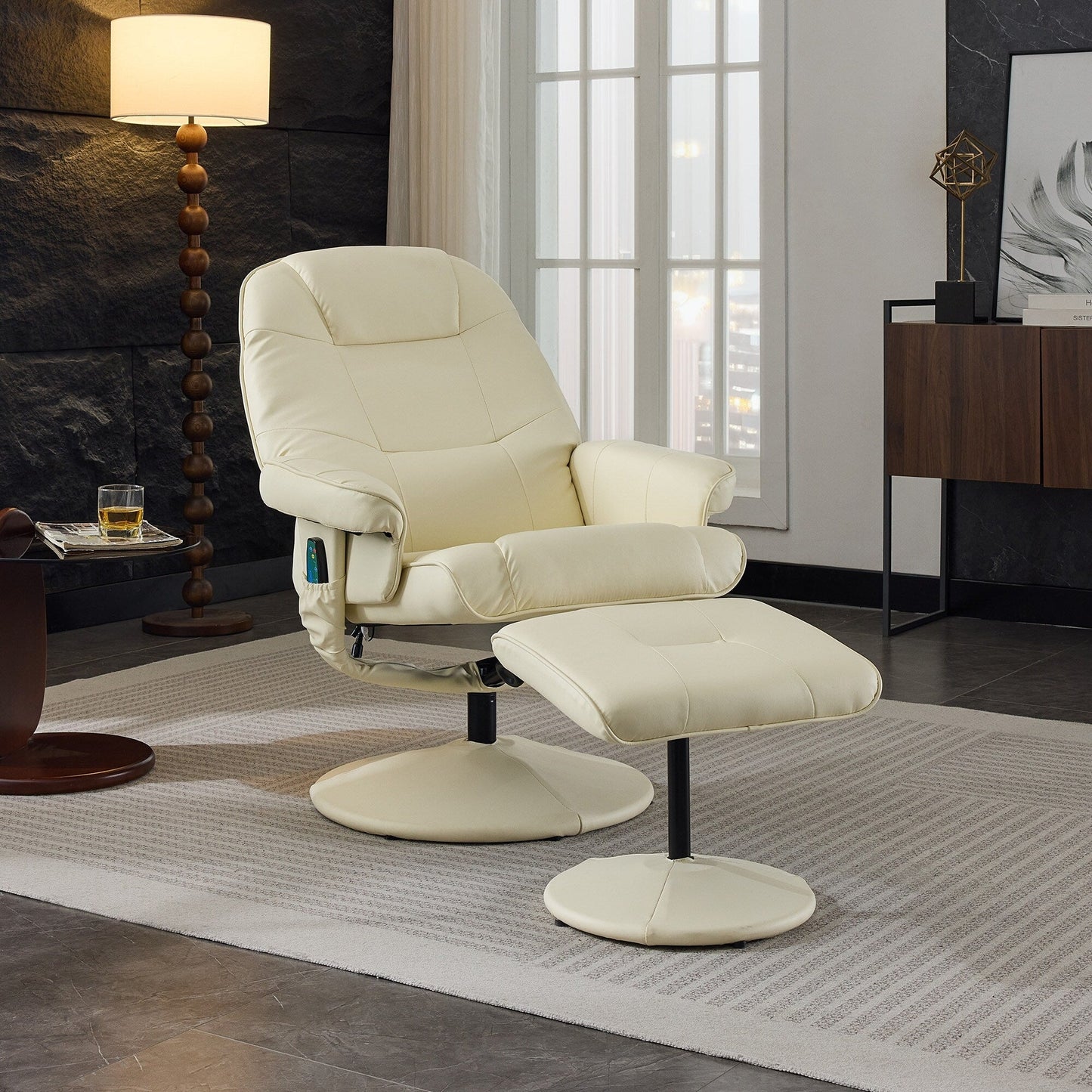 Massage Recliner Chair, 360° Swivel PU Leather Reclining Chair with Wrapped Base, Seat Heating and 140° Adjustable Backrest