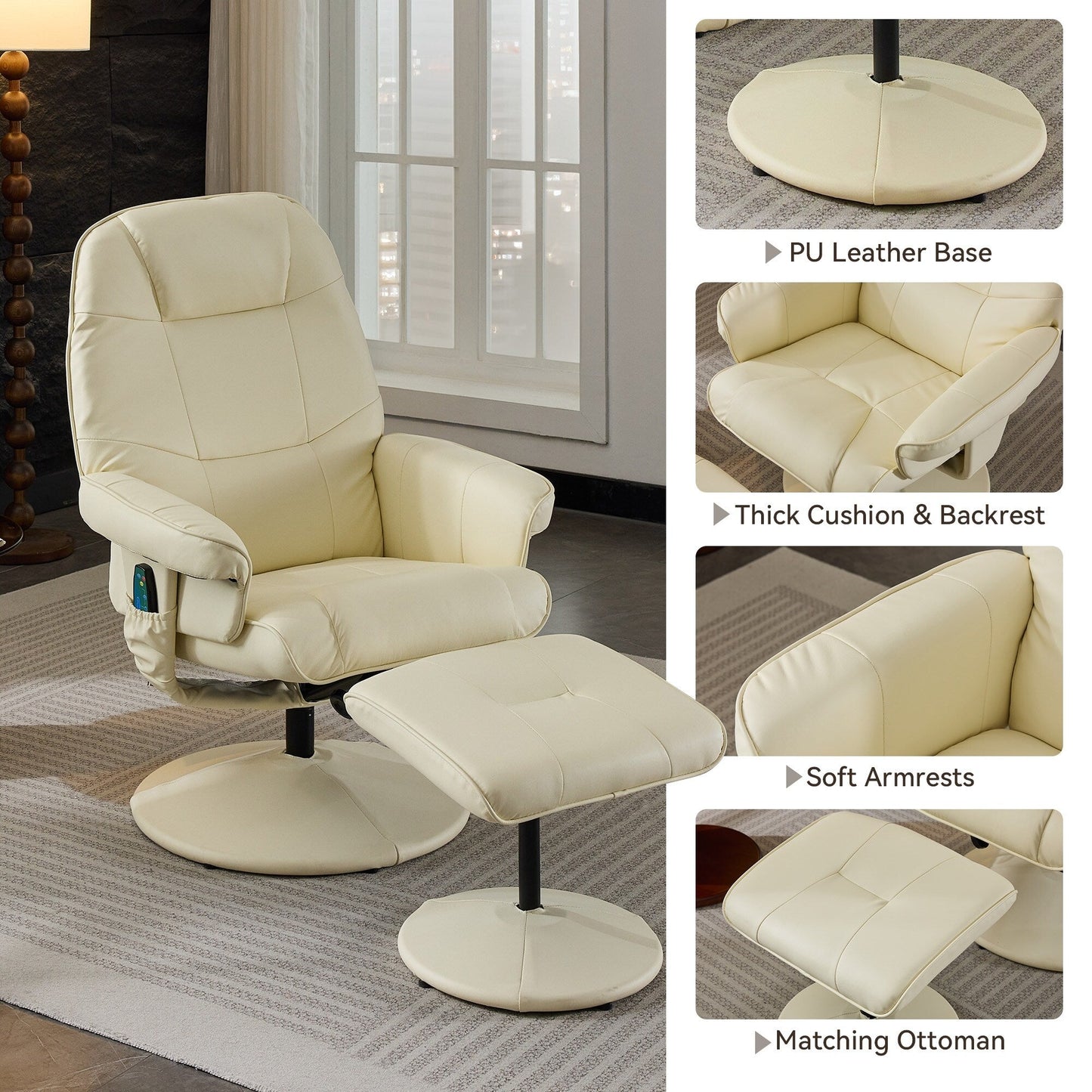 Massage Recliner Chair, 360° Swivel PU Leather Reclining Chair with Wrapped Base, Seat Heating and 140° Adjustable Backrest