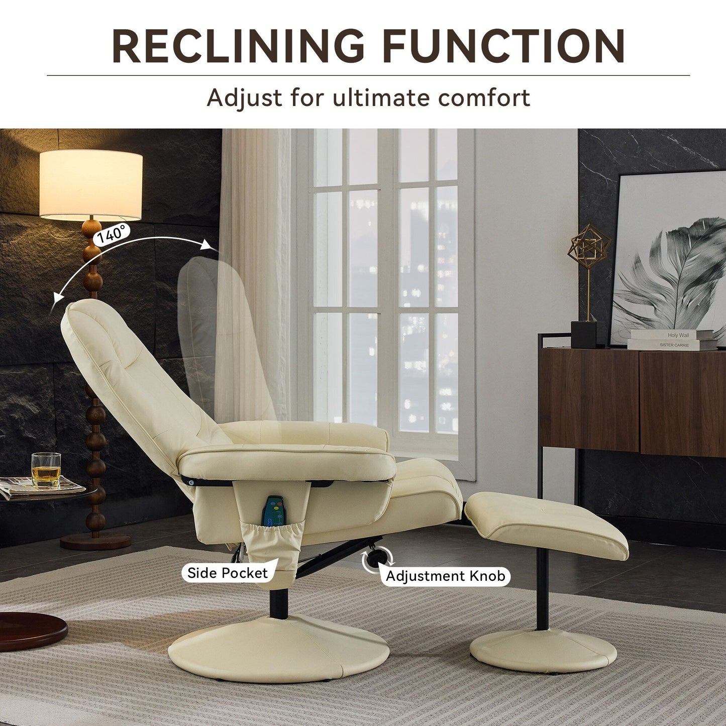Massage Recliner Chair, 360° Swivel PU Leather Reclining Chair with Wrapped Base, Seat Heating and 140° Adjustable Backrest
