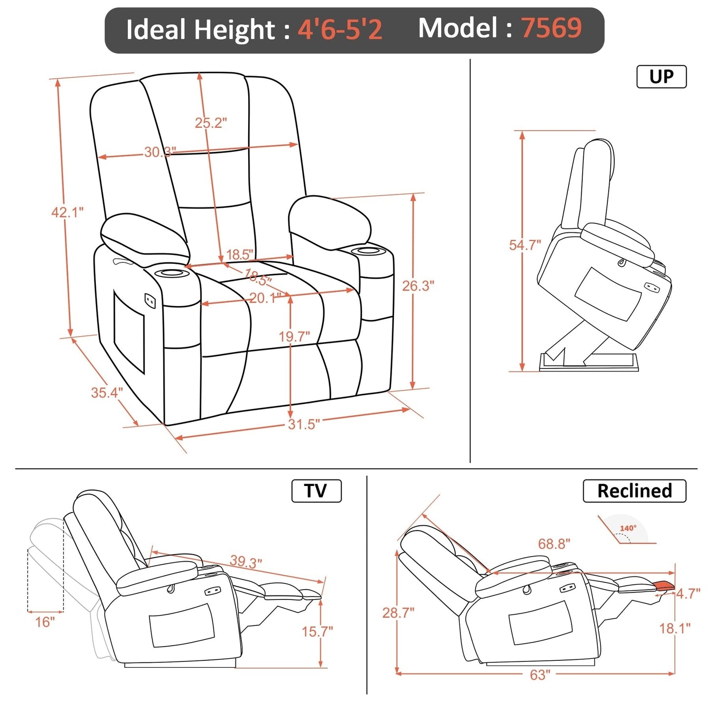 MCombo Small Power Lift Recliner Chair with Massage and Heat for Short Elderly People, Faux Leather 7569