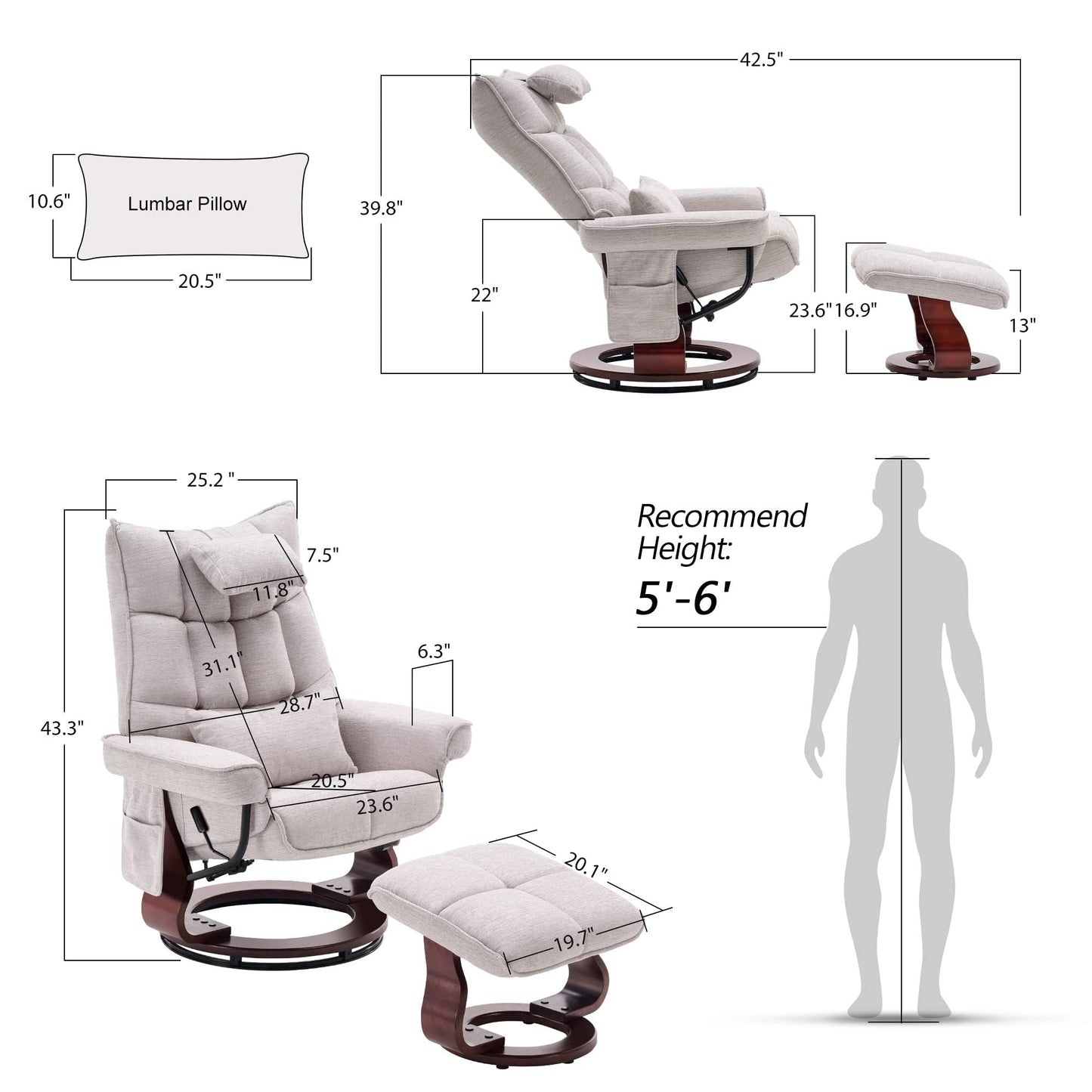 MCombo Swivel Recliner with Ottoman and Neck Pillow, Chenille Fabric