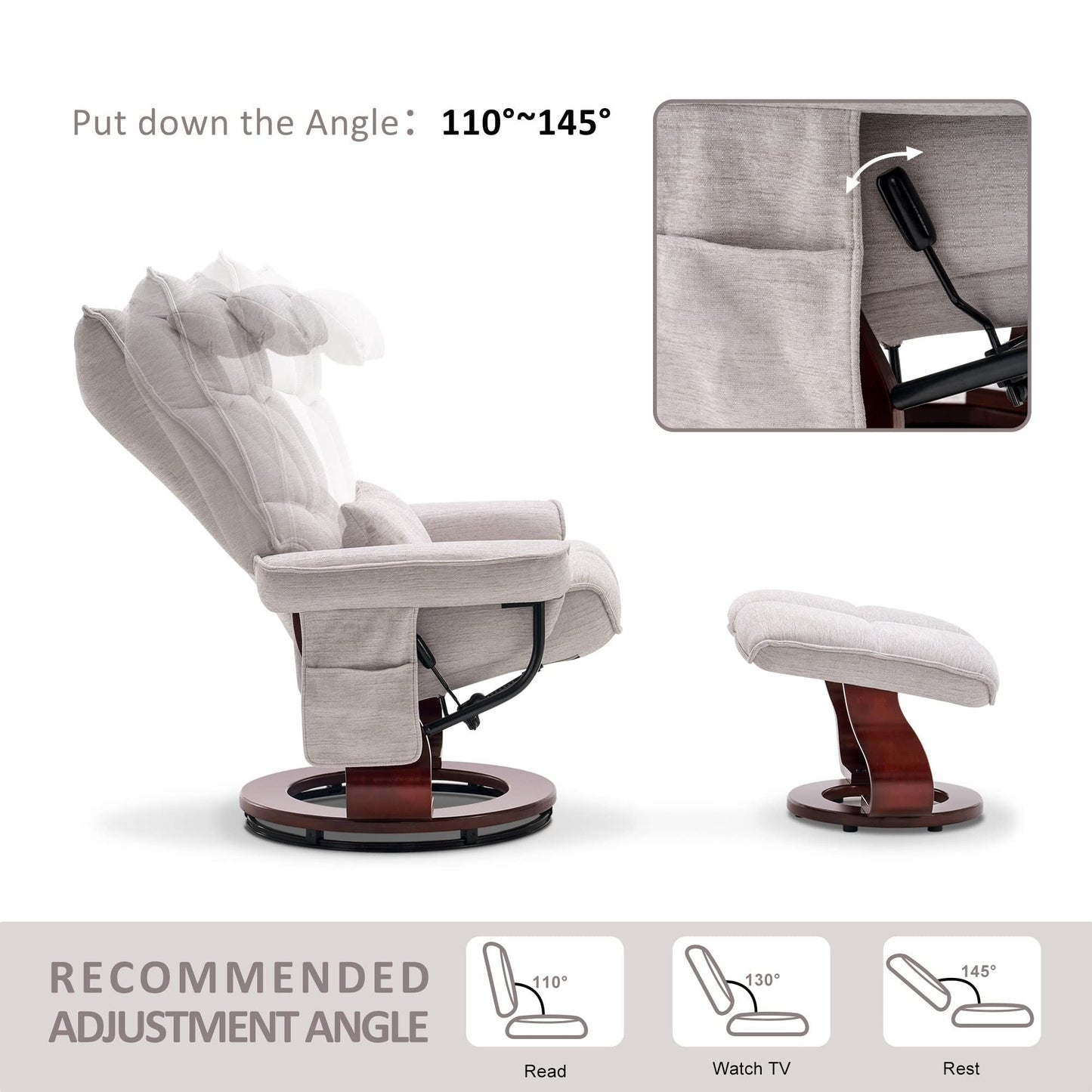 MCombo Swivel Recliner with Ottoman and Neck Pillow, Chenille Fabric