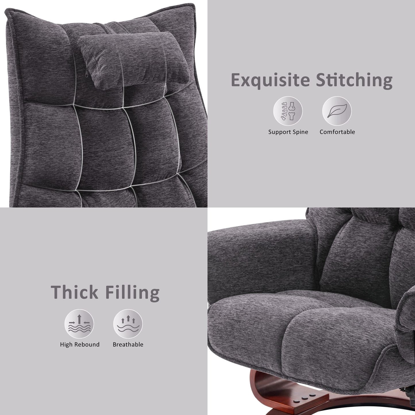MCombo Swivel Recliner with Ottoman and Neck Pillow, Chenille Fabric