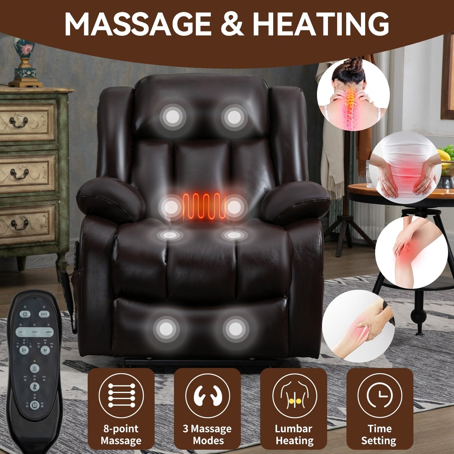 Medium-Sized Electric Power Lift Recliner Chair in Genuine Leather with Dual Motors, 8-Point Massage, Lumbar Heating
