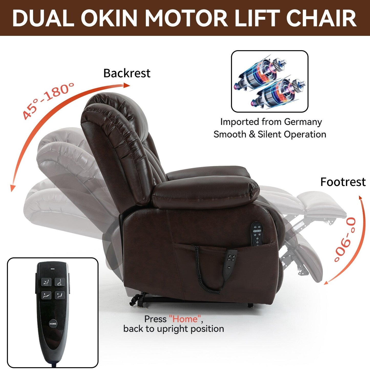 Medium-Sized Electric Power Lift Recliner Chair in Genuine Leather with Dual Motors, 8-Point Massage, Lumbar Heating