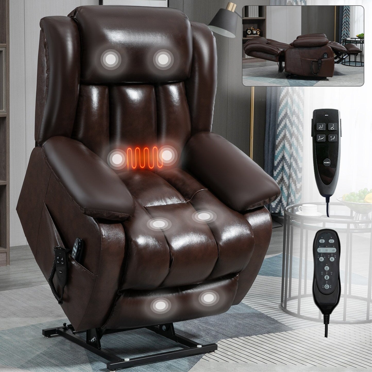 Medium-Sized Electric Power Lift Recliner Chair in Genuine Leather with Dual Motors, 8-Point Massage, Lumbar Heating