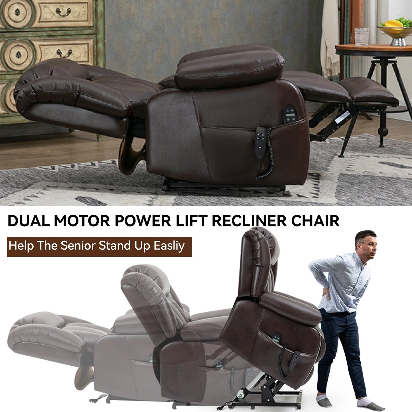 Medium-Sized Electric Power Lift Recliner Chair in Genuine Leather with Dual Motors, 8-Point Massage, Lumbar Heating
