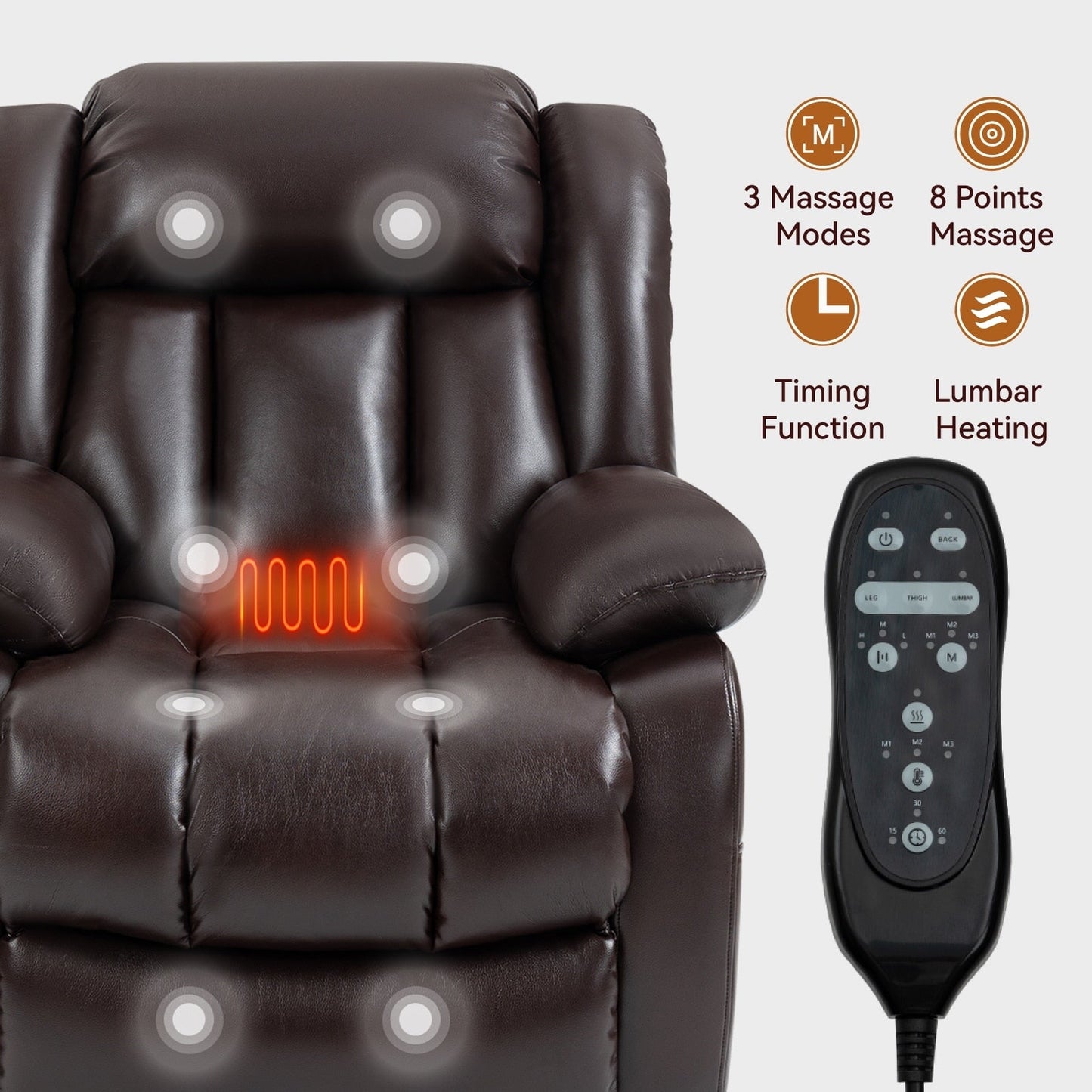 Medium-Sized Electric Power Lift Recliner Chair in Genuine Leather with Dual Motors, 8-Point Massage, Lumbar Heating