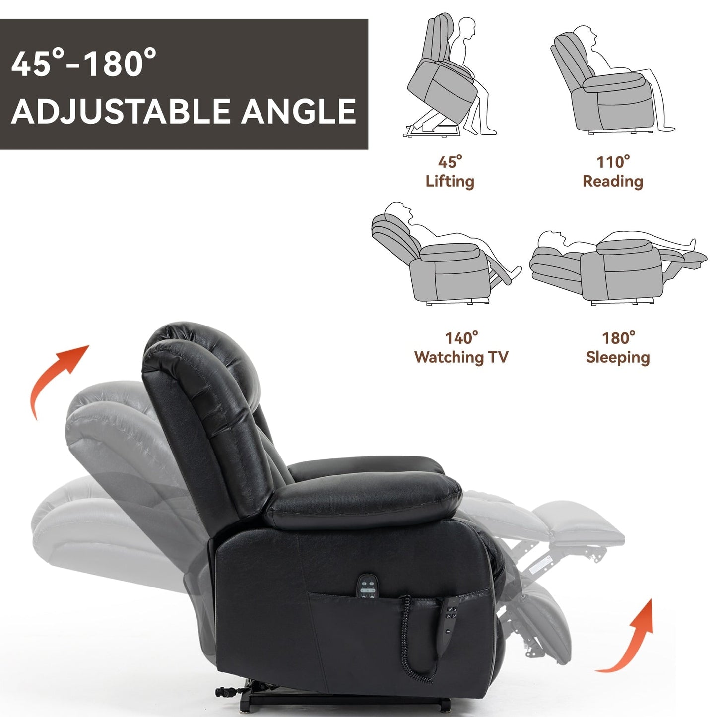 Medium-Sized Electric Power Lift Recliner Chair in Genuine Leather with Dual Motors, 8-Point Massage, Lumbar Heating