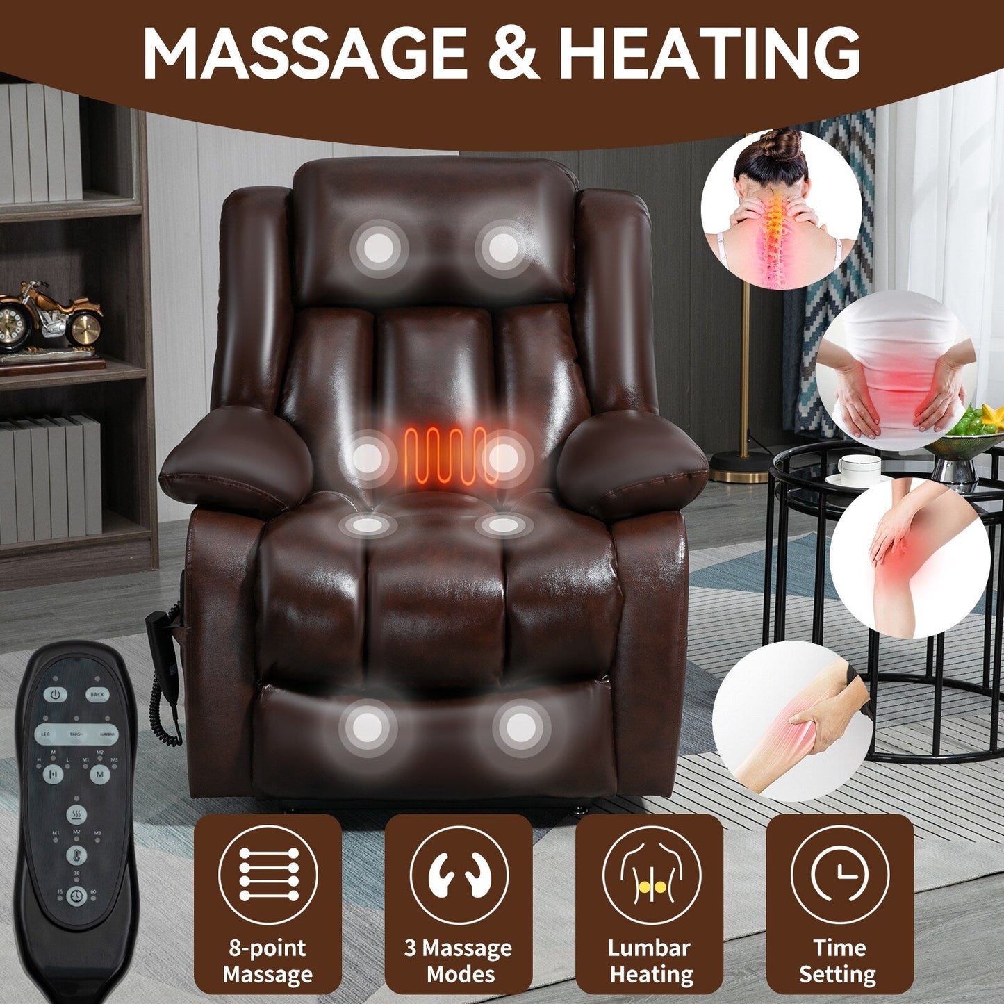 Medium-Sized Electric Power Lift Recliner Chair in Genuine Leather with Dual Motors, 8-Point Massage, Lumbar Heating
