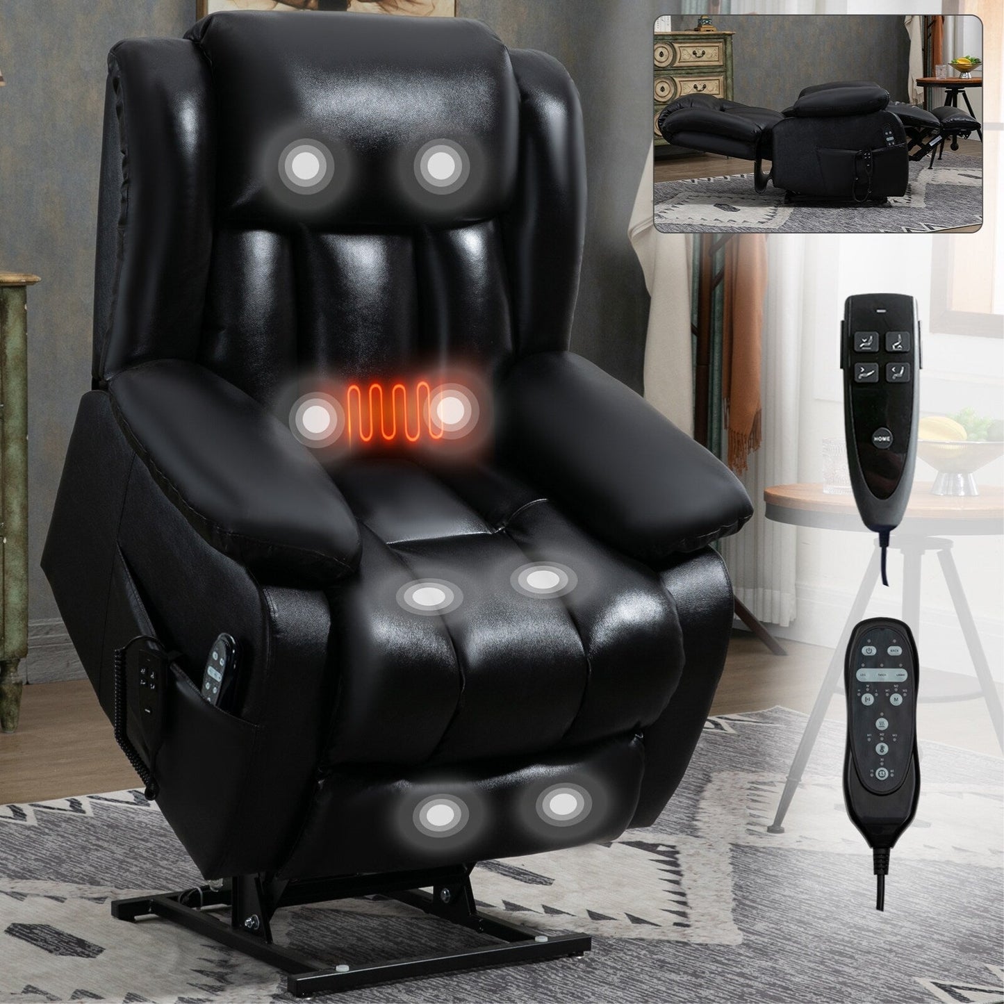 Medium-Sized Electric Power Lift Recliner Chair in Genuine Leather with Dual Motors, 8-Point Massage, Lumbar Heating