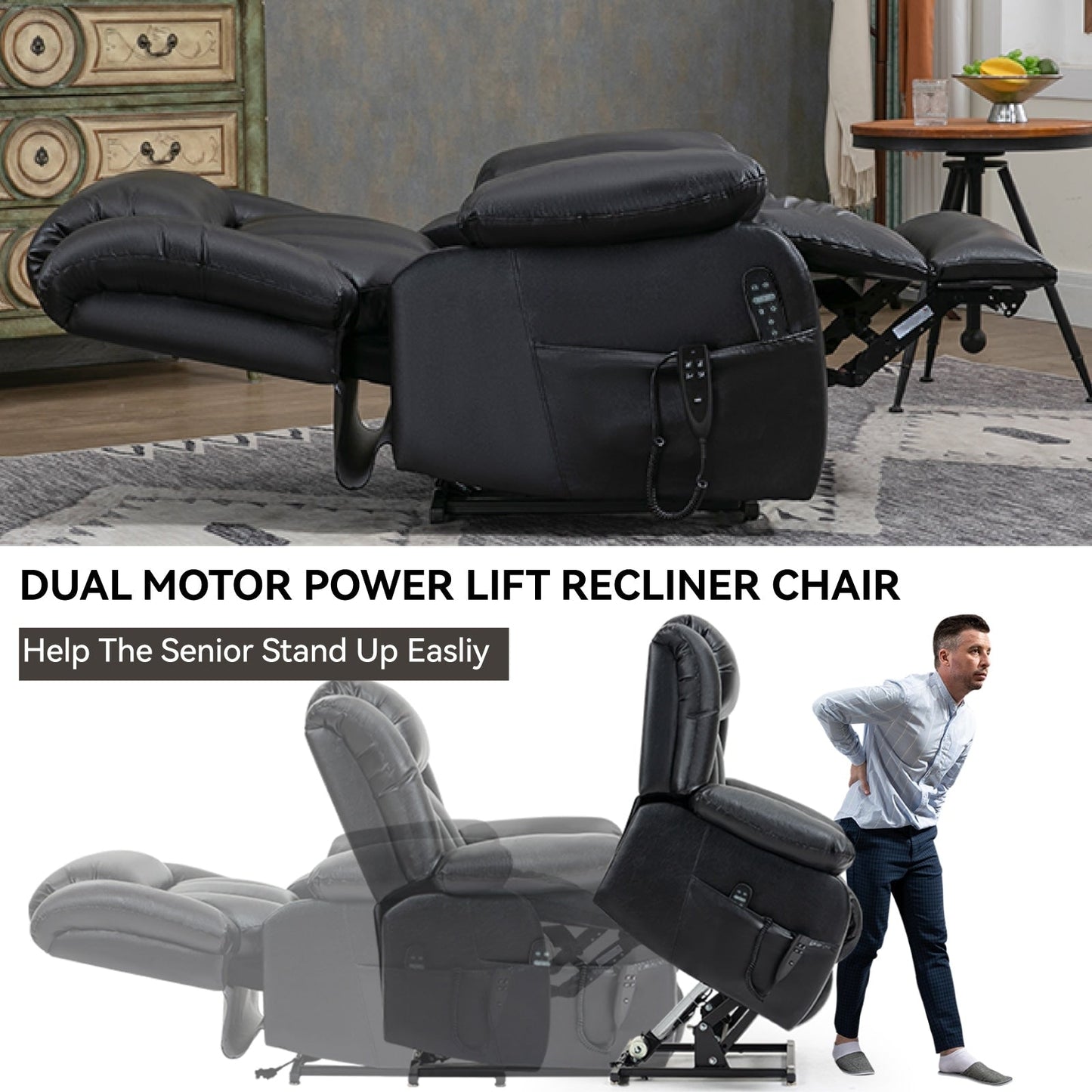 Medium-Sized Electric Power Lift Recliner Chair in Genuine Leather with Dual Motors, 8-Point Massage, Lumbar Heating