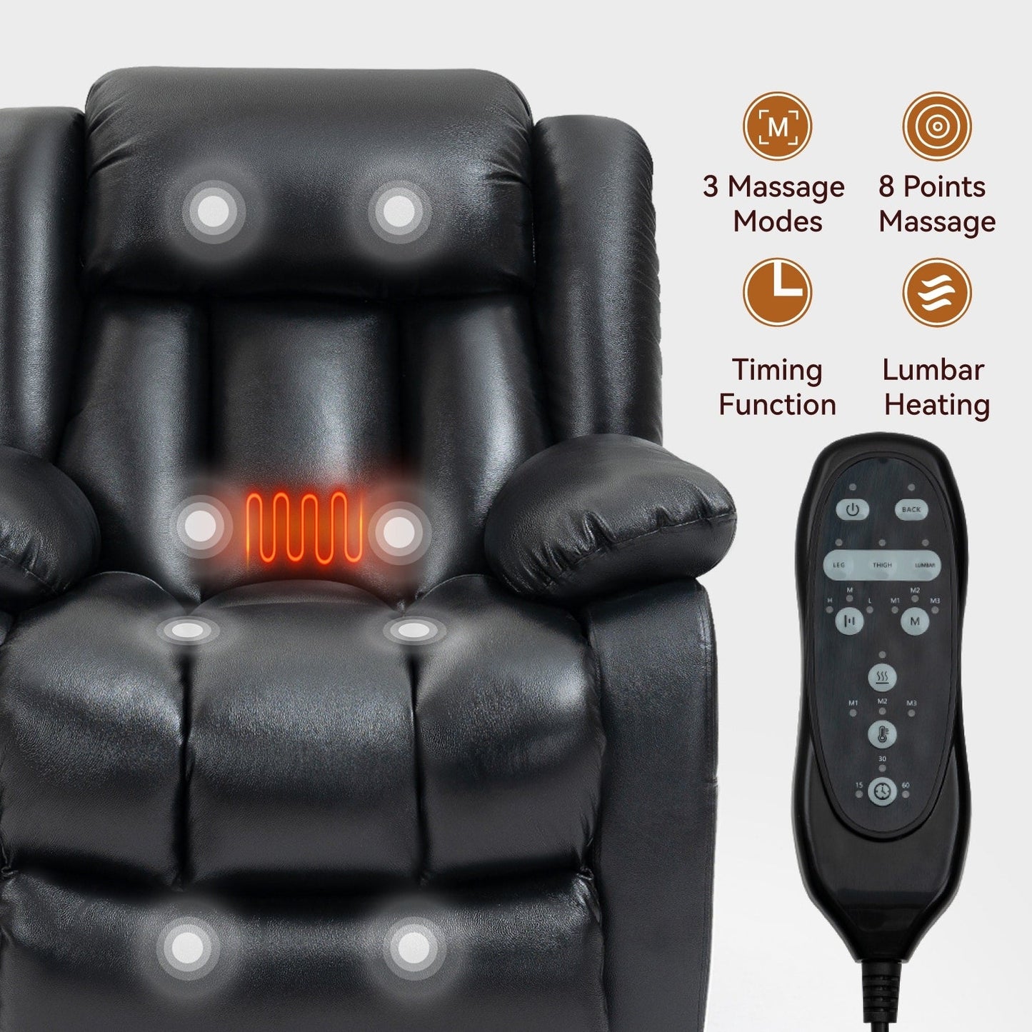 Medium-Sized Electric Power Lift Recliner Chair in Genuine Leather with Dual Motors, 8-Point Massage, Lumbar Heating