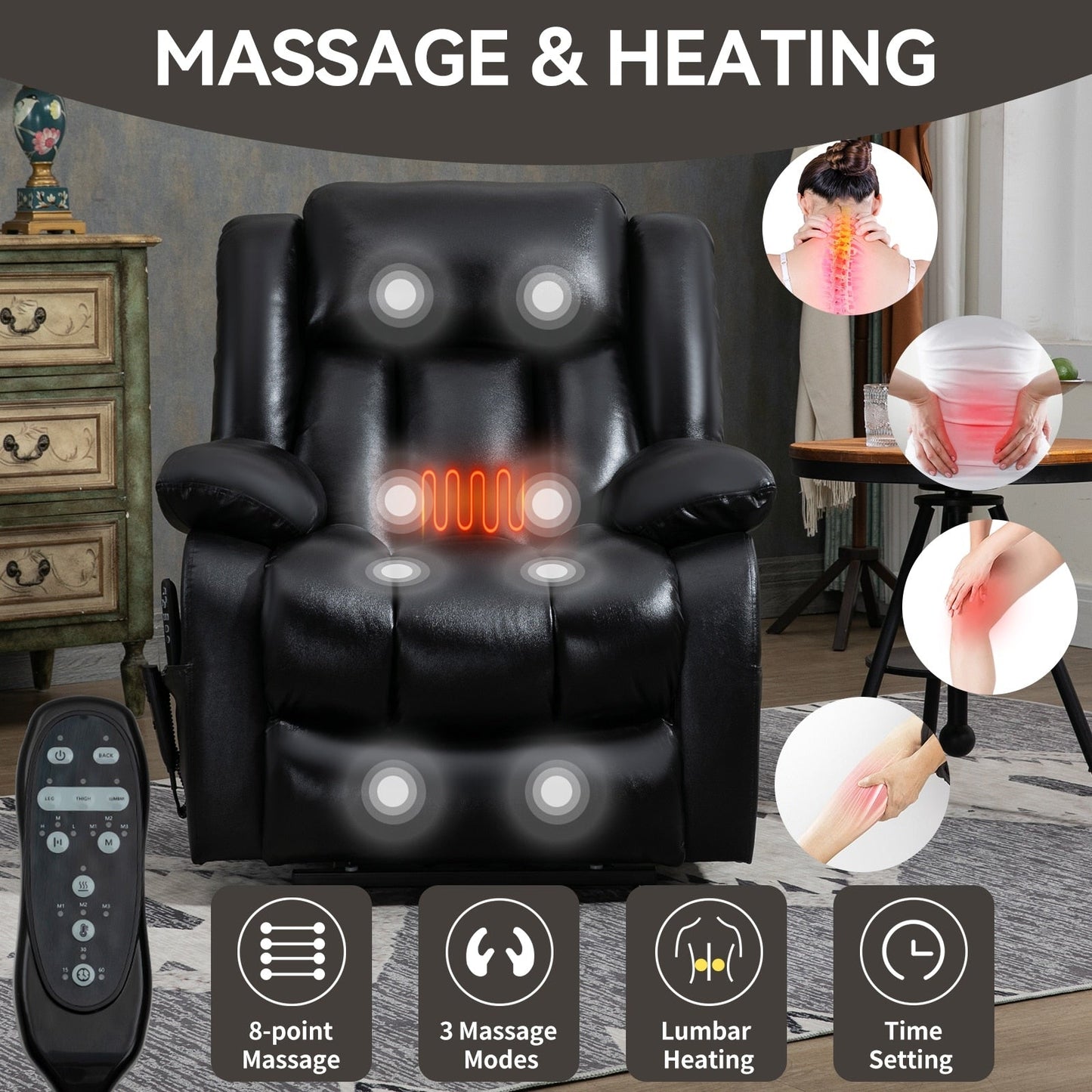 Medium-Sized Electric Power Lift Recliner Chair in Genuine Leather with Dual Motors, 8-Point Massage, Lumbar Heating