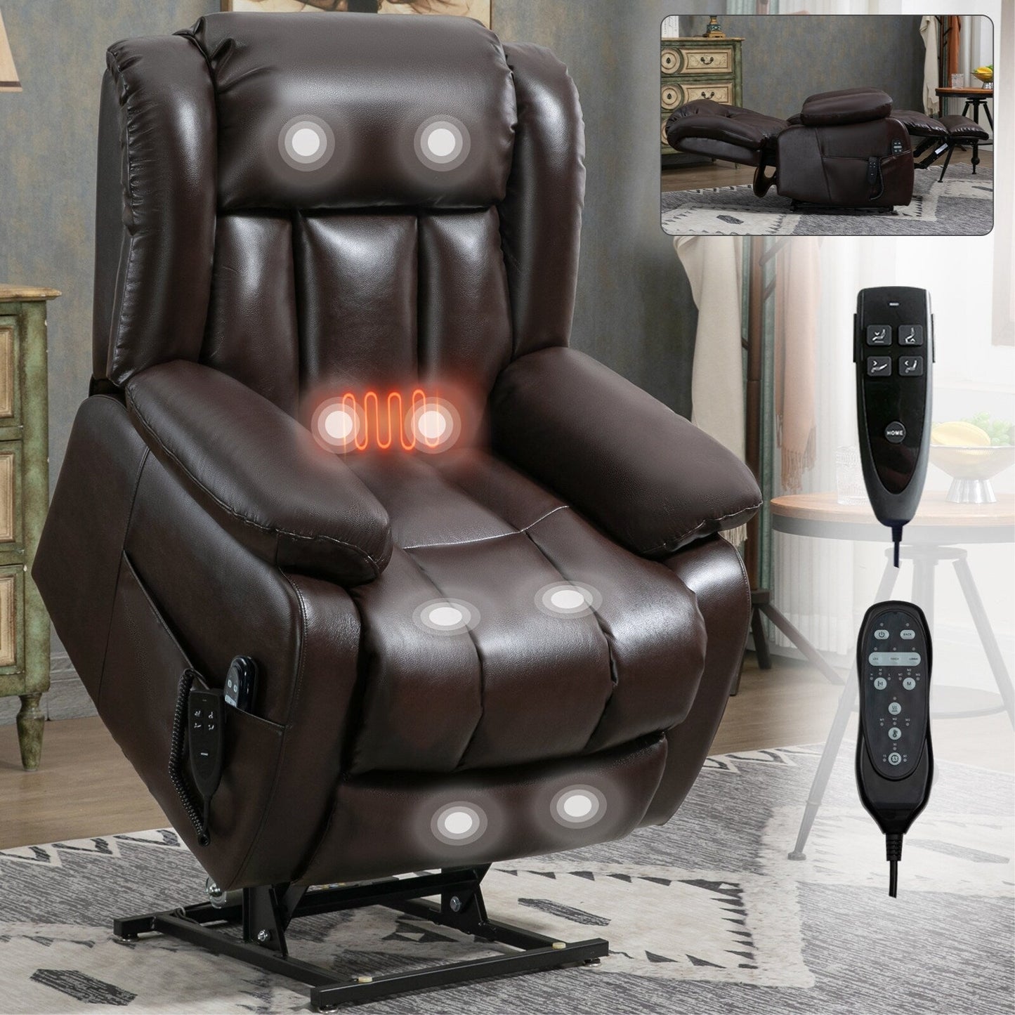 Medium-Sized Electric Power Lift Recliner Chair in Genuine Leather with Dual Motors, 8-Point Massage, Lumbar Heating