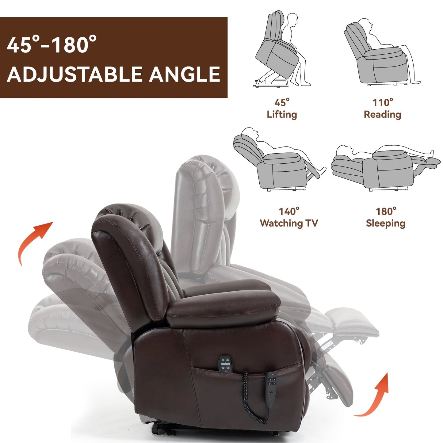 Medium-Sized Electric Power Lift Recliner Chair in Genuine Leather with Dual Motors, 8-Point Massage, Lumbar Heating