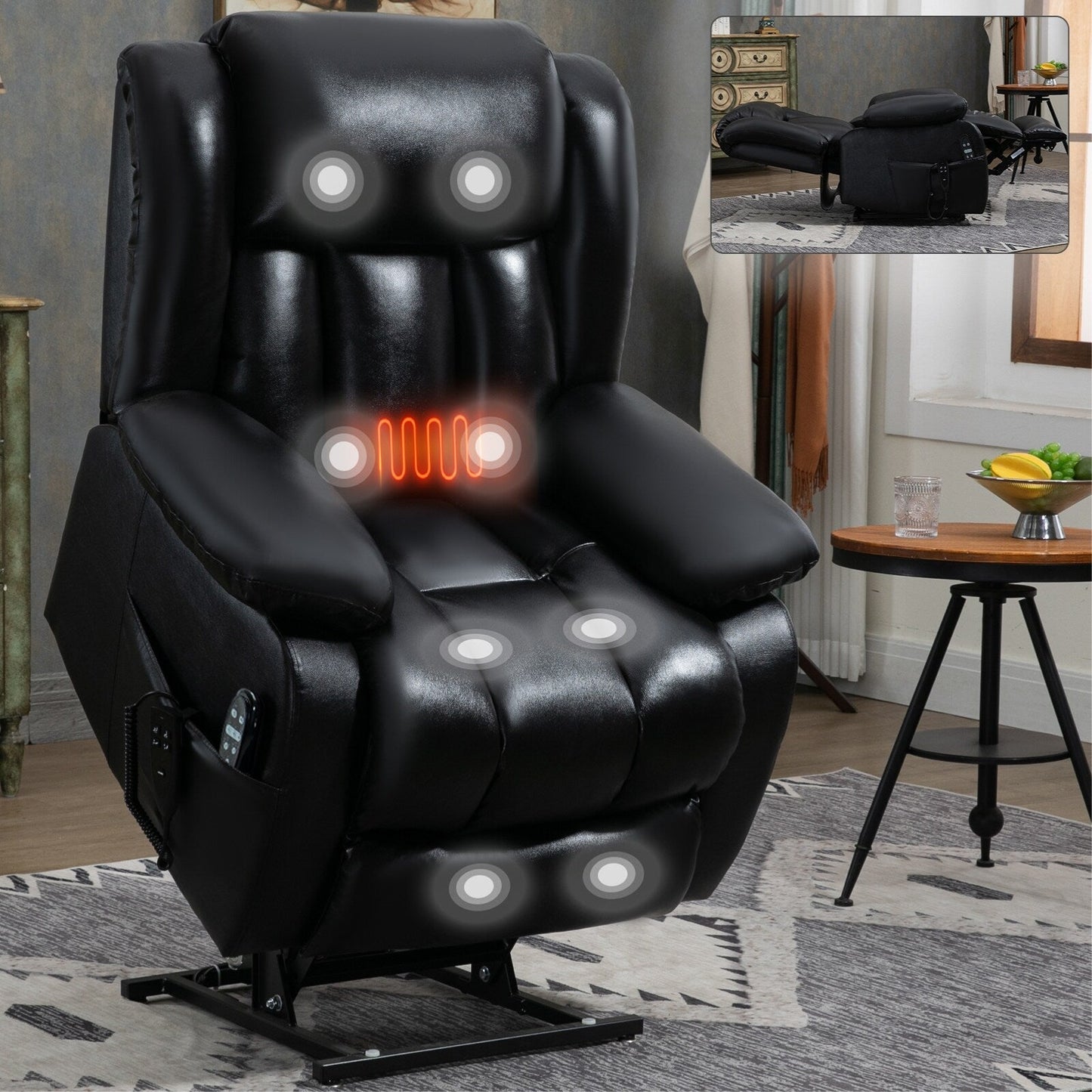 Medium-Sized Electric Power Lift Recliner Chair in Genuine Leather with Dual Motors, 8-Point Massage, Lumbar Heating
