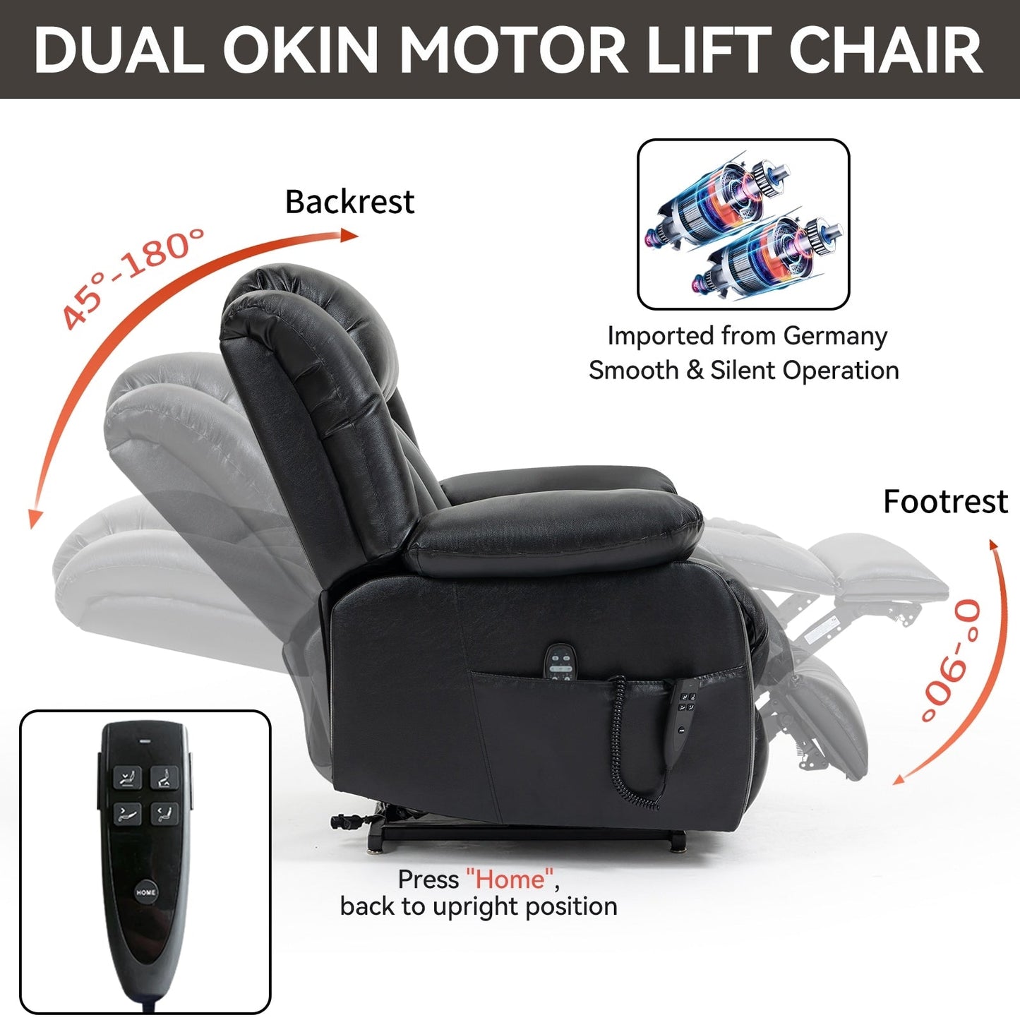 Medium-Sized Electric Power Lift Recliner Chair in Genuine Leather with Dual Motors, 8-Point Massage, Lumbar Heating