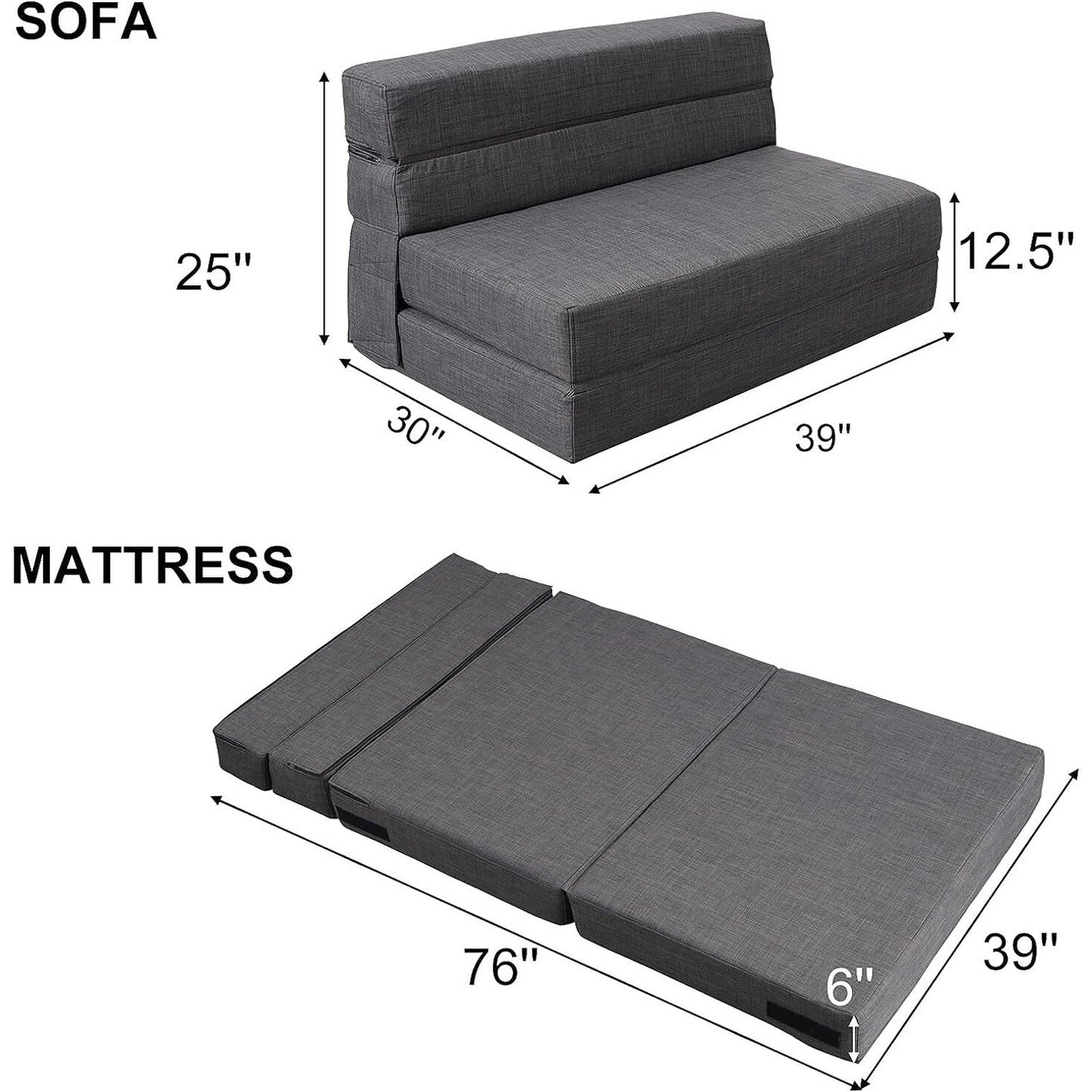 Memory Foam Fold Out Sofa Bed - Twin Size Sleeper Couch with Washable Cover & Pillow, Dark Gray Futon for GuestsÂ