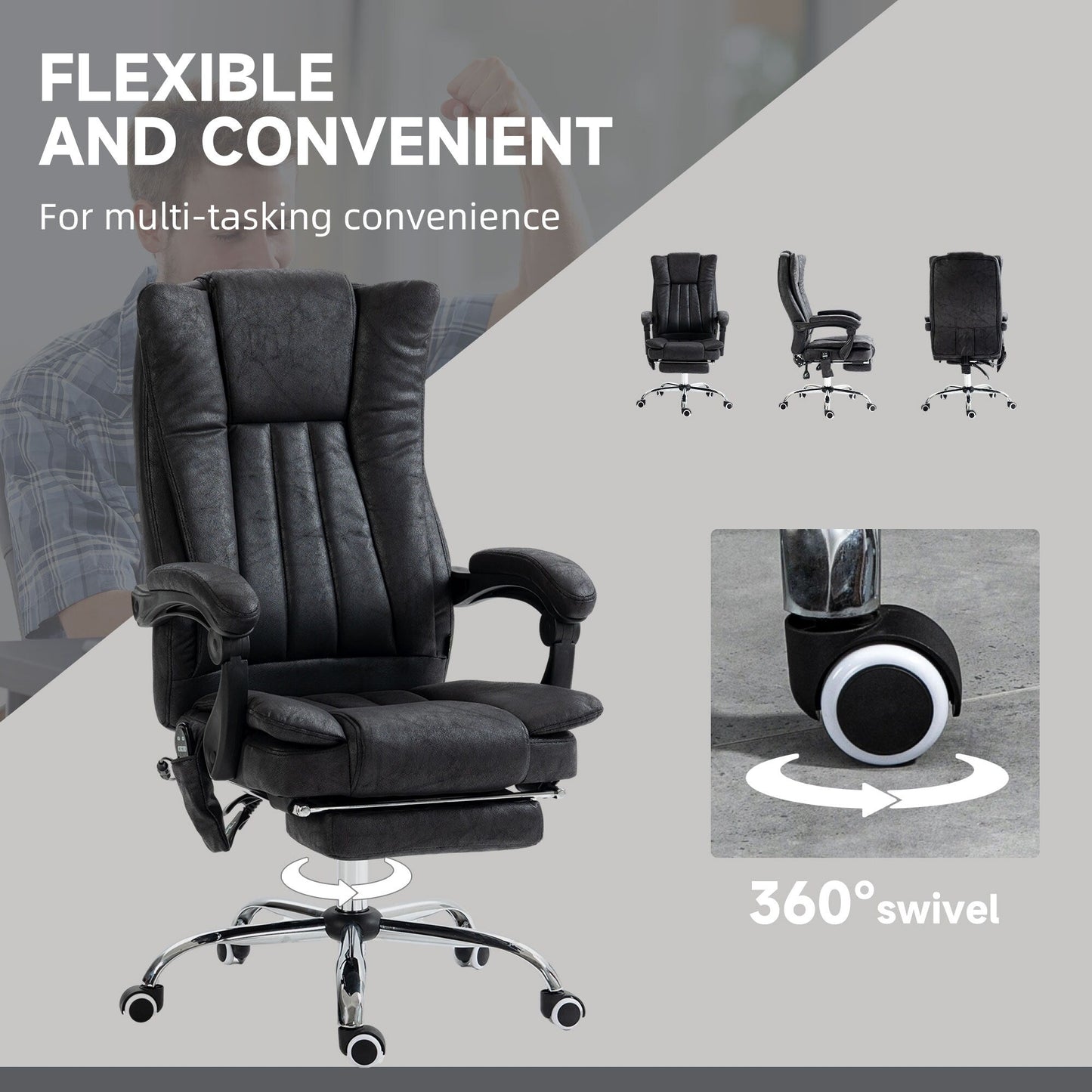 Microfibre 360° Swivel Massage Office Recliner with Vibration Massage, Heating, Footrest, Adjustable Height