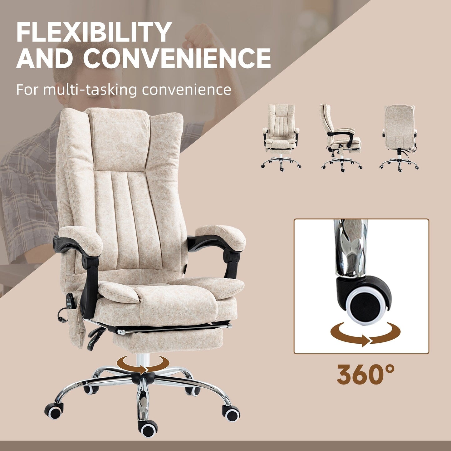 Microfibre 360° Swivel Massage Office Recliner with Vibration Massage, Heating, Footrest, Adjustable Height