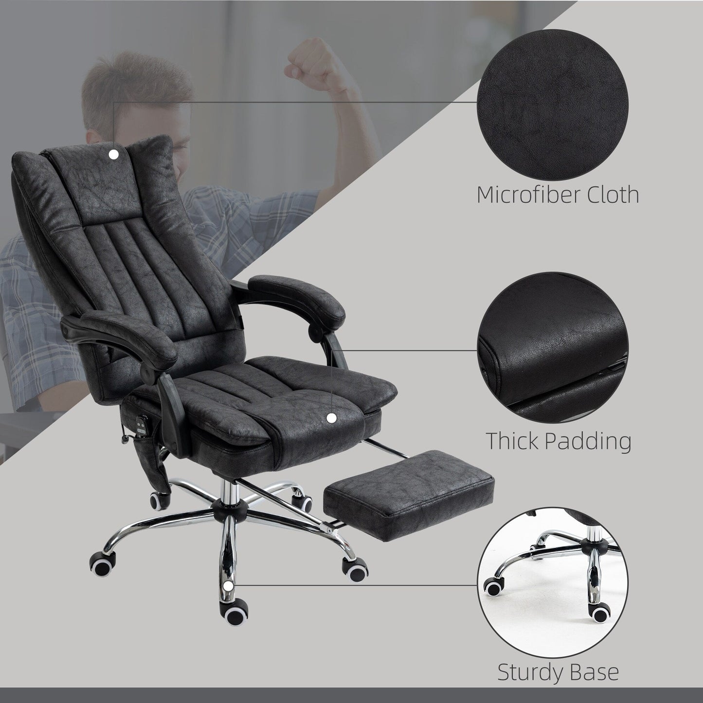 Microfibre 360° Swivel Massage Office Recliner with Vibration Massage, Heating, Footrest, Adjustable Height