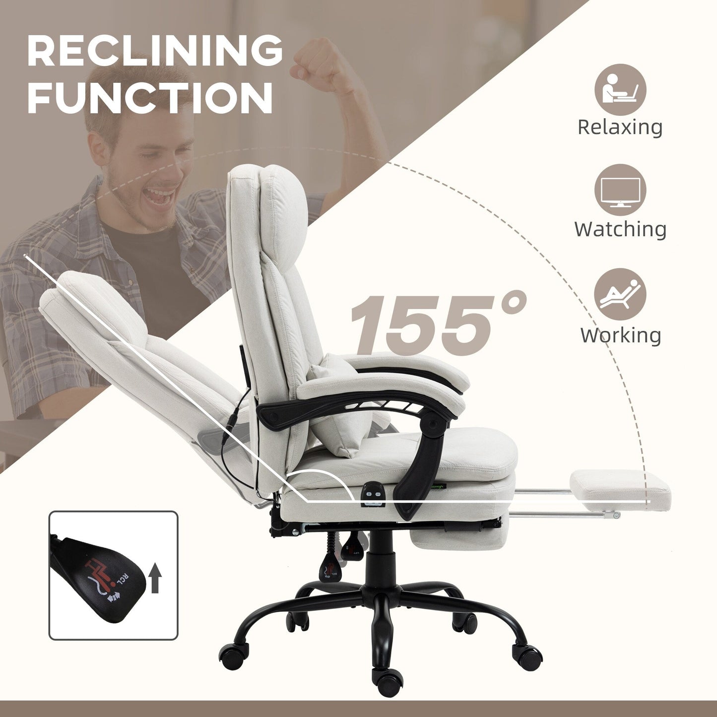 Microfibre 360° Swivel Office Recliner with Vibration Massage, Lumbar Heating, Lumbar Pillow, Footrest, Adjustable Height