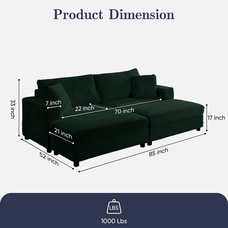 Mixoy 85ââCorduroy Loveseat Chaise Lounge with Storage Ottoman&Armrests,Upholstered 2-Seater Sleeper Reclining Chair Indoor