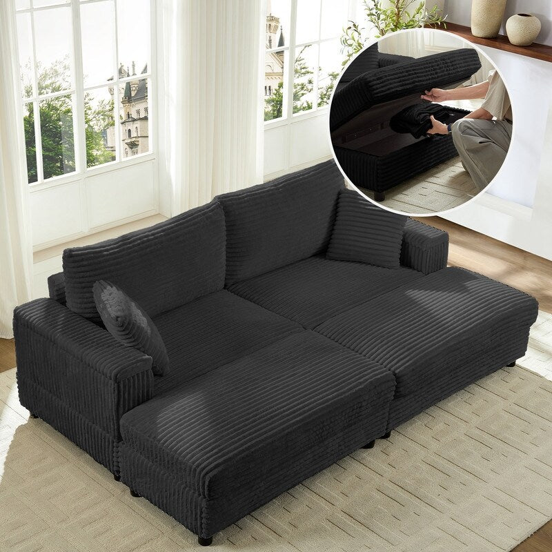 Mixoy 85ââCorduroy Loveseat Chaise Lounge with Storage Ottoman&Armrests,Upholstered 2-Seater Sleeper Reclining Chair Indoor