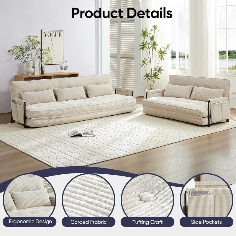Mixoy Muti-Functional Folding Floor Sofa Bed,3-Seater with Loveseat Lazy Sofa,6 Position Adjustable Backrest